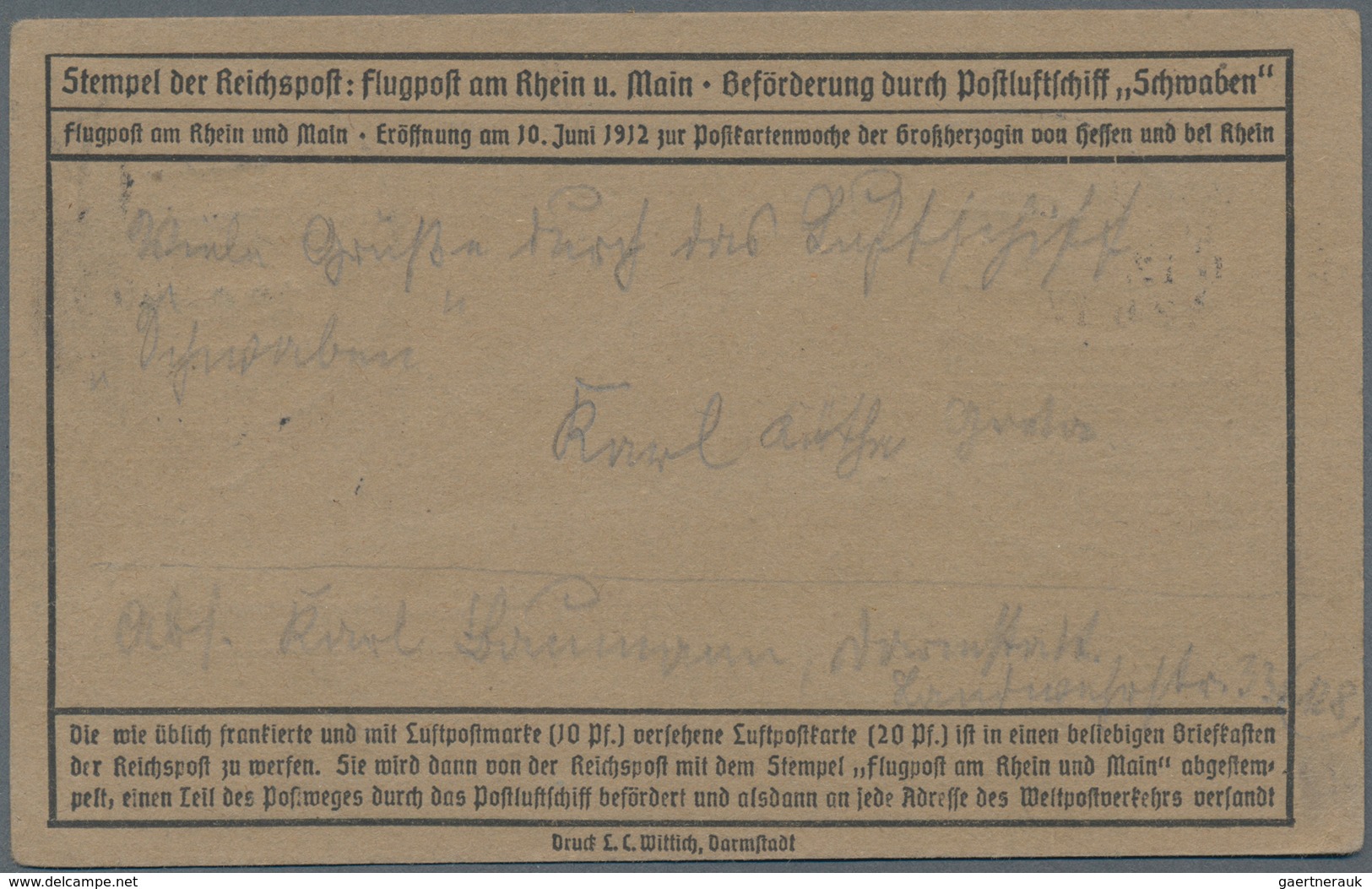 Flugpost Deutschland: 1912, FLUGPOST RHEIN MAIN, Ersttag-Sonderstempel 12.6. DARMSTADT Auf Graubraun - Luchtpost & Zeppelin