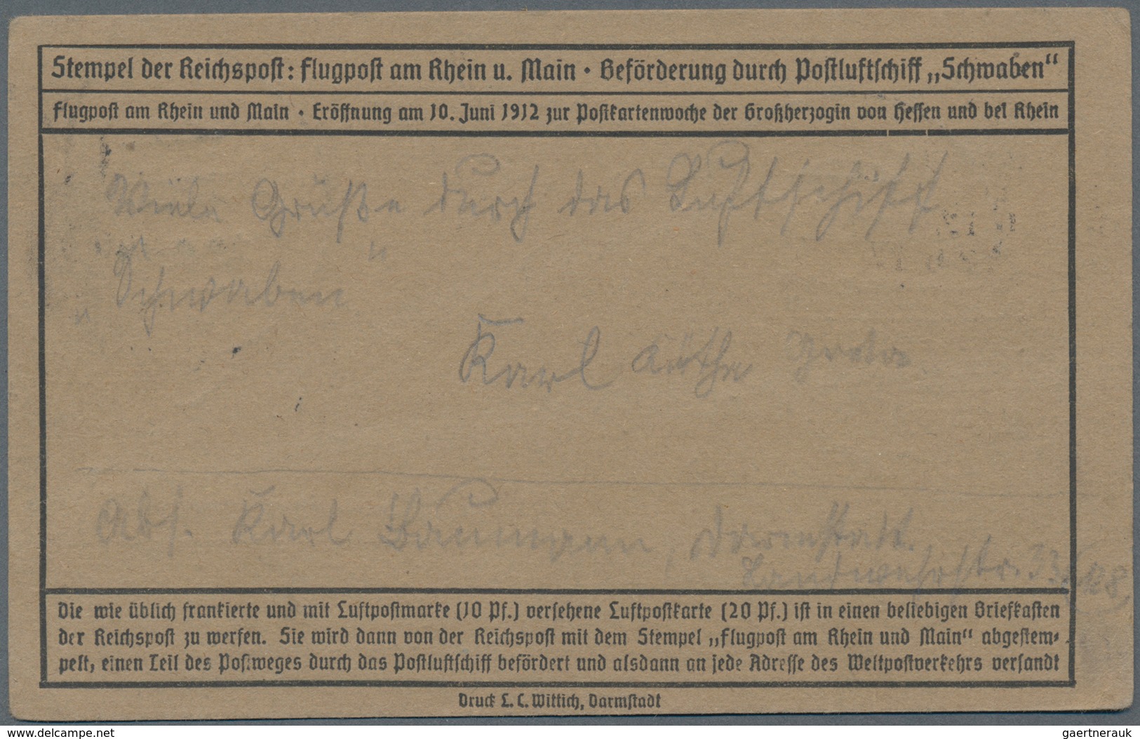 Flugpost Deutschland: 1912, FLUGPOST RHEIN MAIN, Ersttag-Sonderstempel 12.6. DARMSTADT Auf Graubraun - Airmail & Zeppelin
