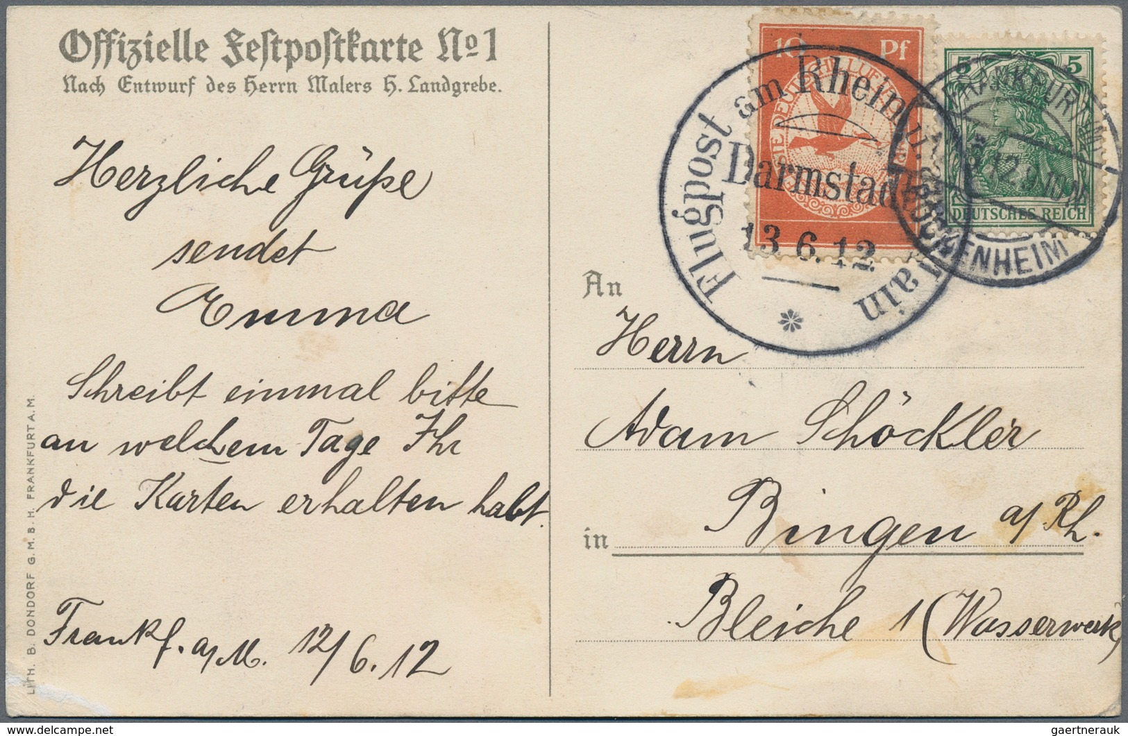 Flugpost Deutschland: 1912, FRANKFURT(MAIN), BOCKENHEIM 12.6. Auf 5Pf. Germania Und DARMSTADT 13.6., - Luft- Und Zeppelinpost