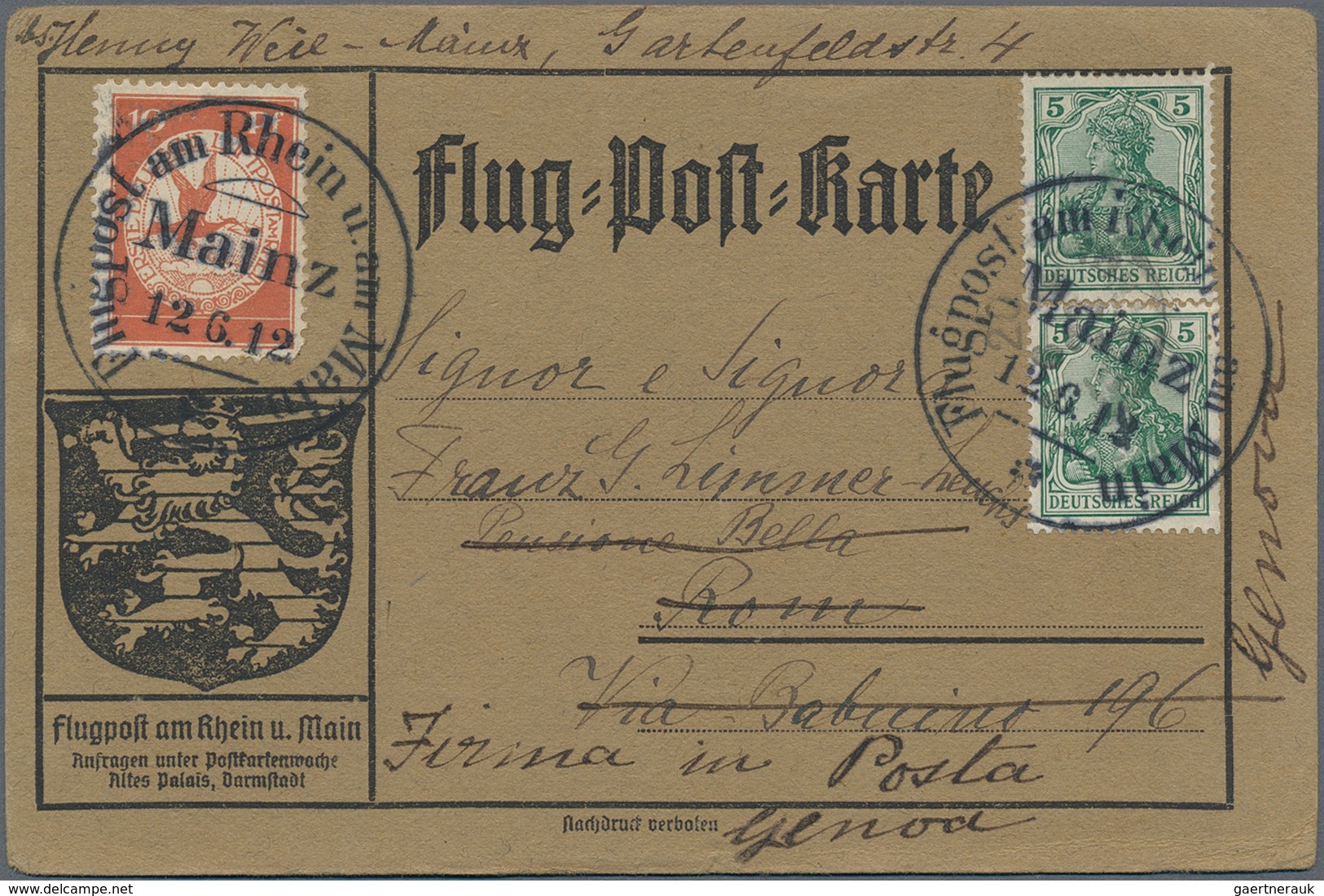 Flugpost Deutschland: 1912, Italien: Adressziel Von Graubrauner FLUGPOST RHEIN-MAIN ERSTTAG-Karte, M - Luchtpost & Zeppelin