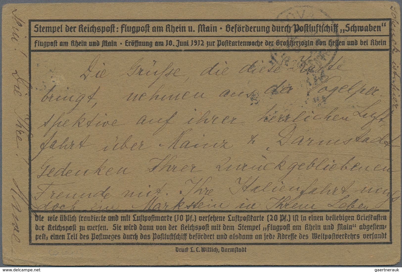 Flugpost Deutschland: 1912, Italien: Adressziel Von Graubrauner FLUGPOST RHEIN-MAIN ERSTTAG-Karte, M - Luft- Und Zeppelinpost