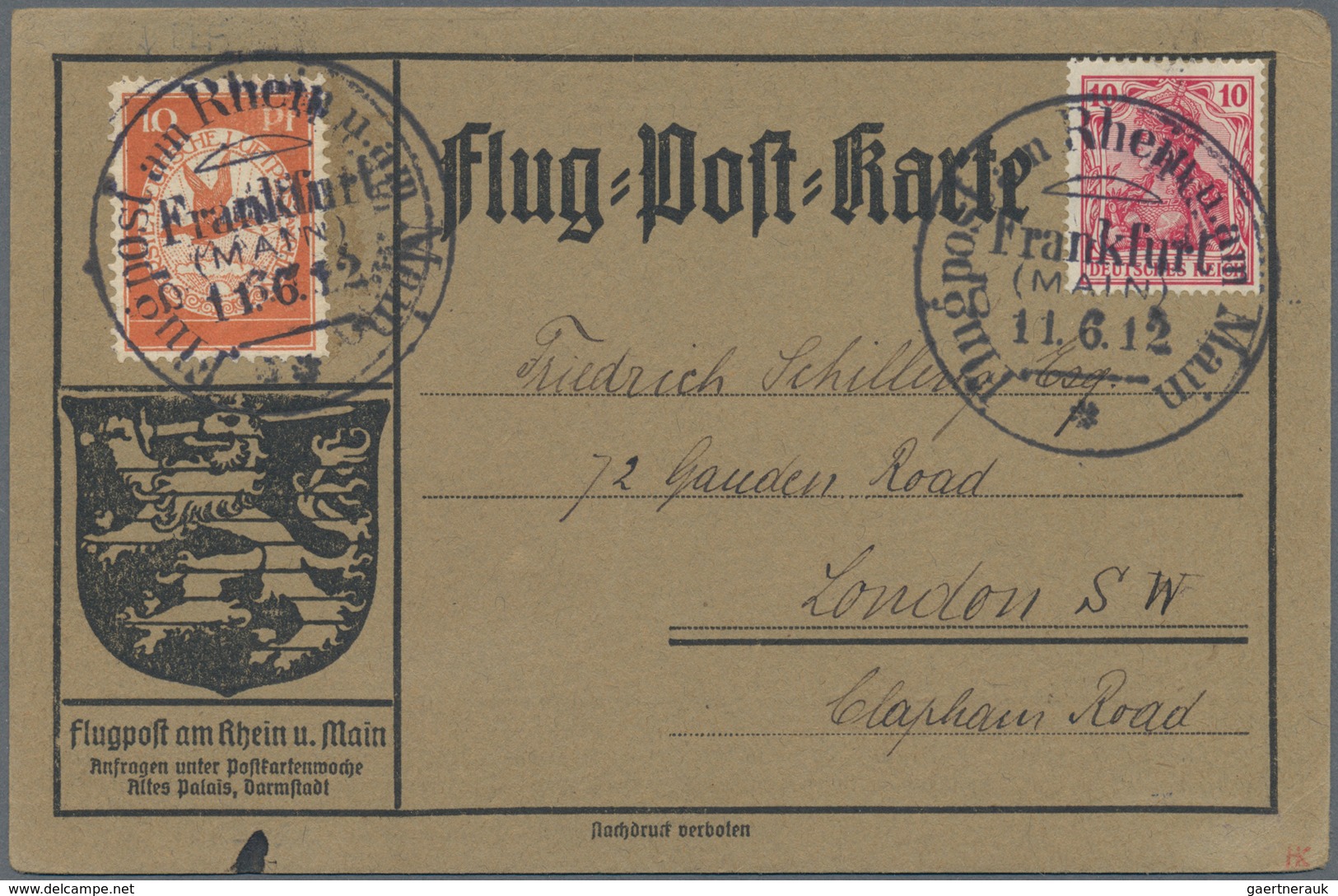 Flugpost Deutschland: 1912, FLUGPOST RHEIN MAIN / PLATTENFEHLER Mi. I "Feld 6" (0 Von 10 Mit Strich) - Luchtpost & Zeppelin