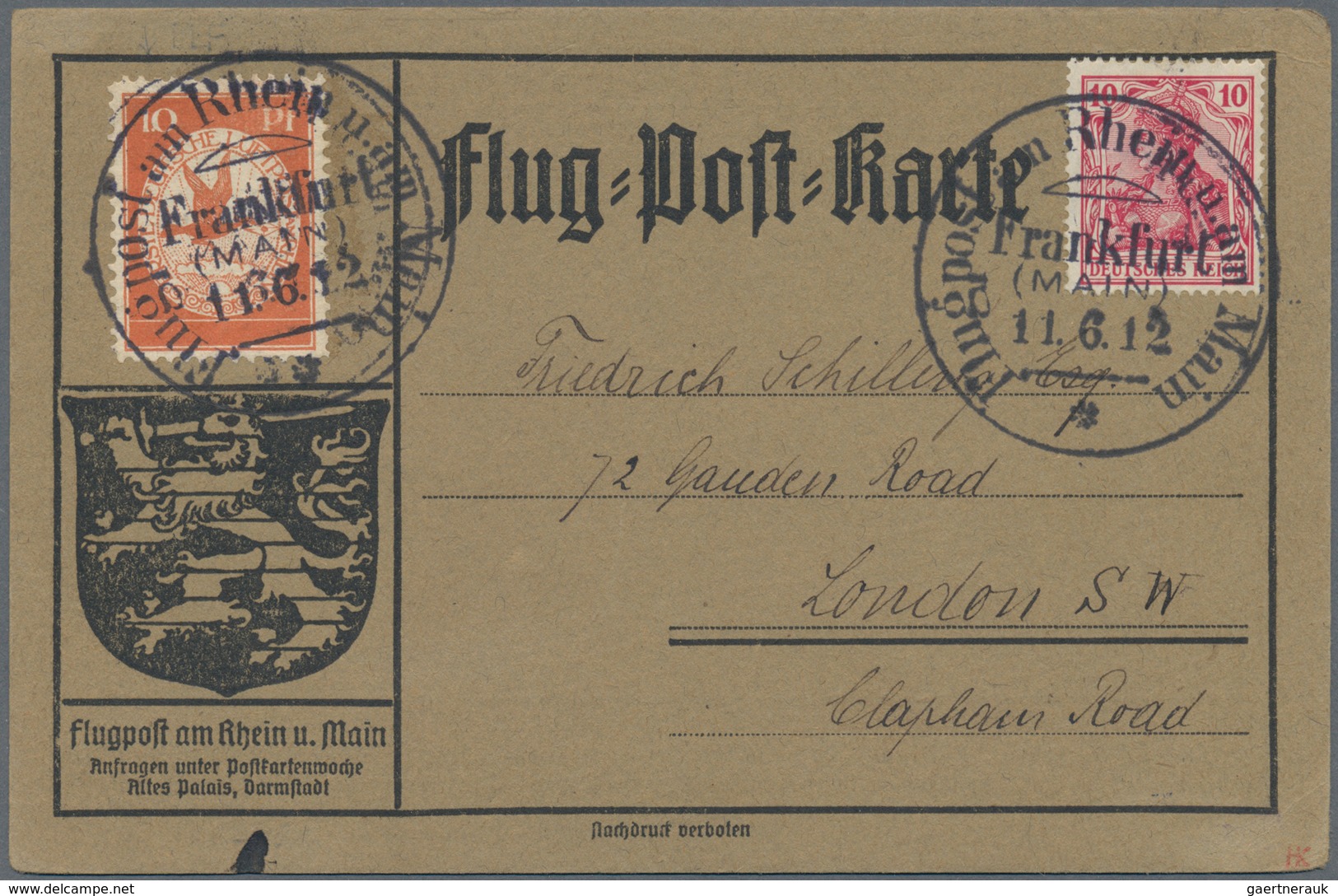 Flugpost Deutschland: 1912, FLUGPOST RHEIN MAIN / PLATTENFEHLER Mi. I "Feld 6" (0 Von 10 Mit Strich) - Airmail & Zeppelin