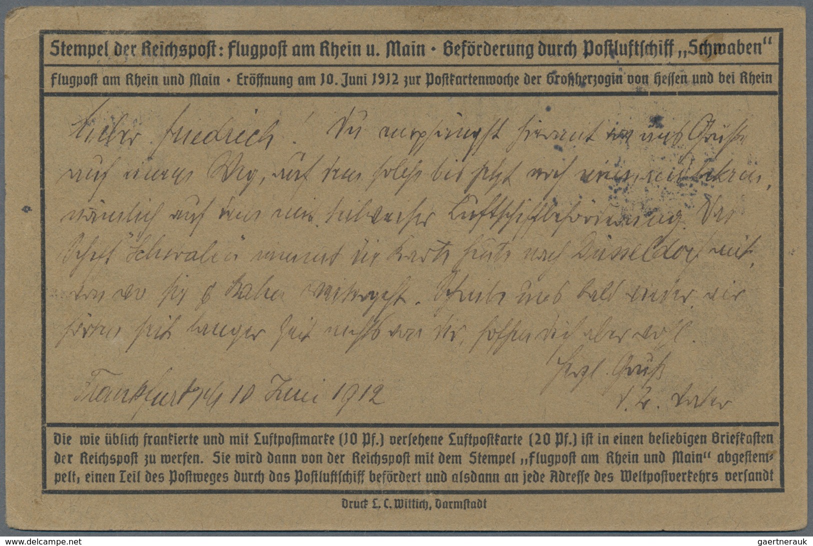 Flugpost Deutschland: 1912, FLUGPOST RHEIN MAIN / PLATTENFEHLER Mi. I "Feld 6" (0 Von 10 Mit Strich) - Airmail & Zeppelin