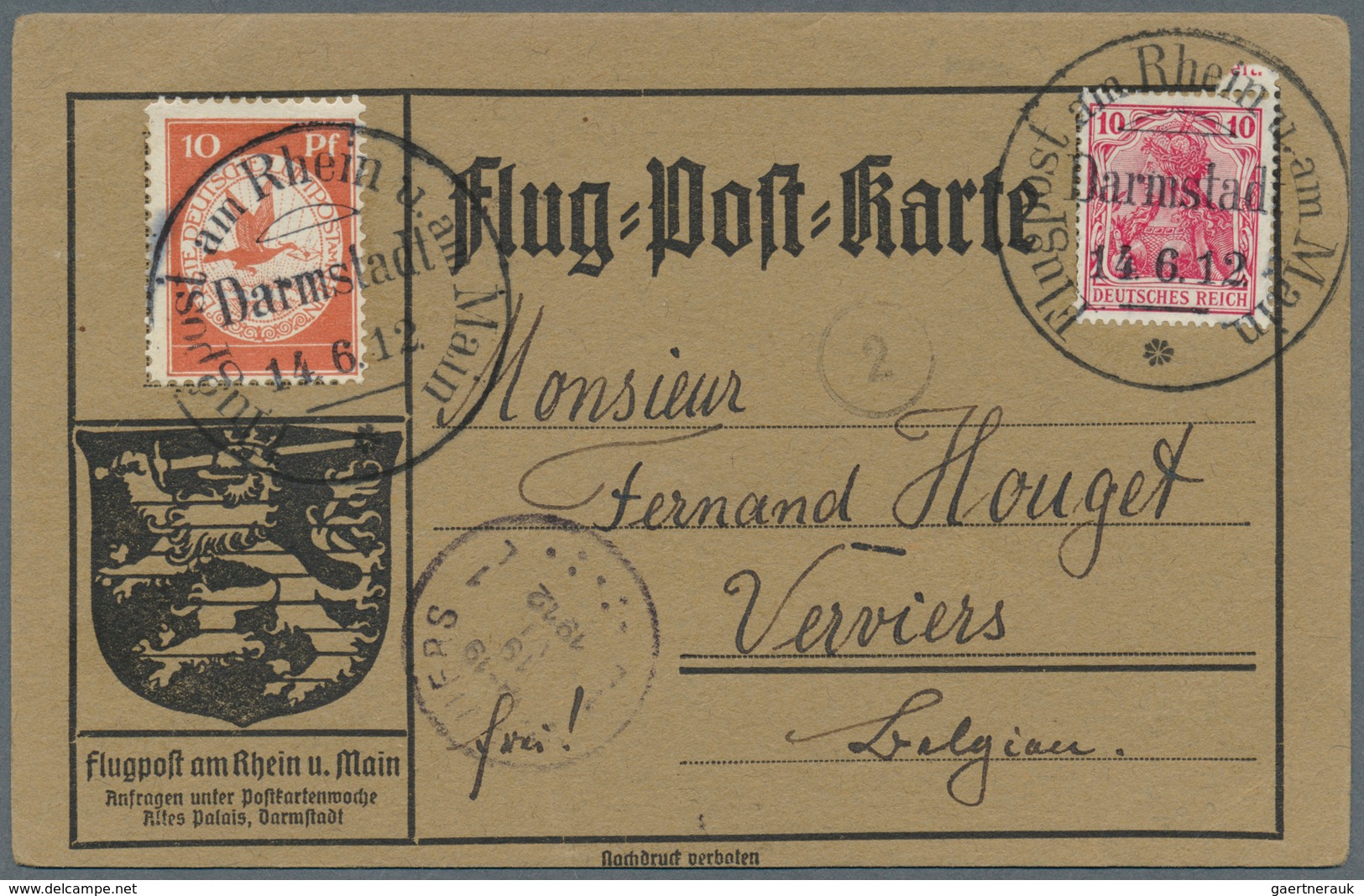 Flugpost Deutschland: 1912, Flugpost RHEIN-MAIN SST 14.6.12 DARMSTADT Auf Graubrauner Flugpostkarte - Luchtpost & Zeppelin