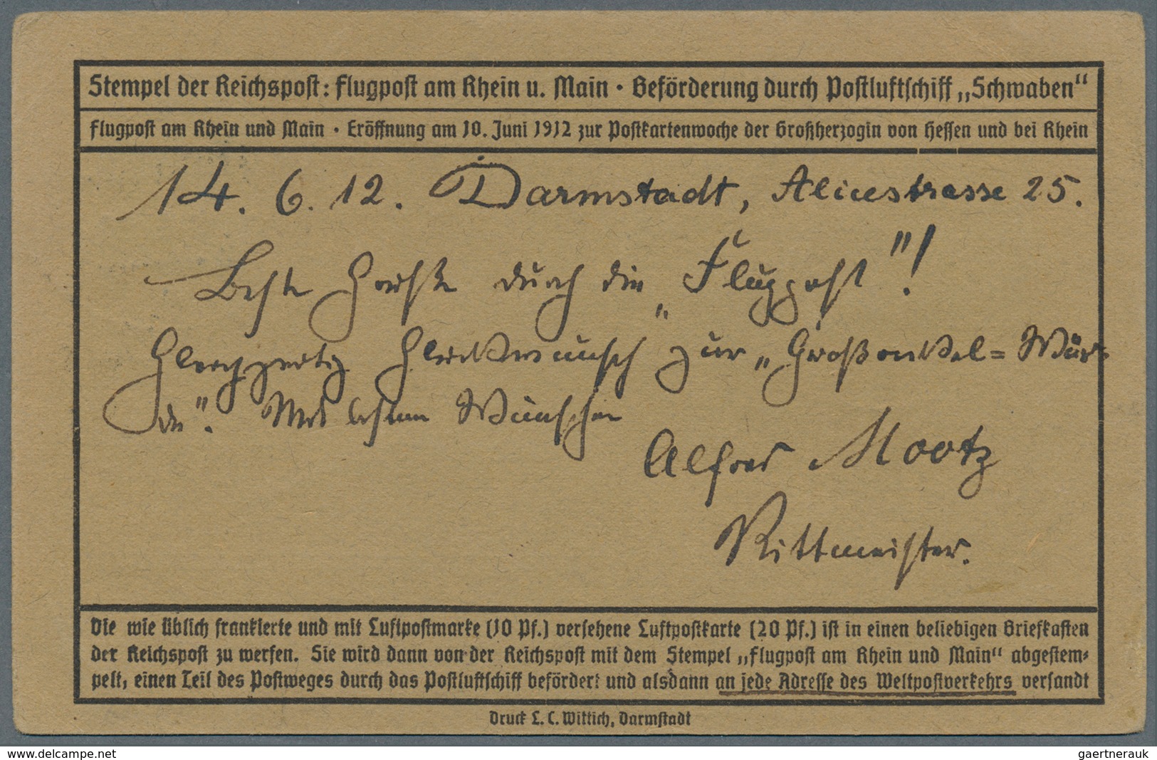 Flugpost Deutschland: 1912, Flugpost RHEIN-MAIN SST 14.6.12 DARMSTADT Auf Graubrauner Flugpostkarte - Luft- Und Zeppelinpost