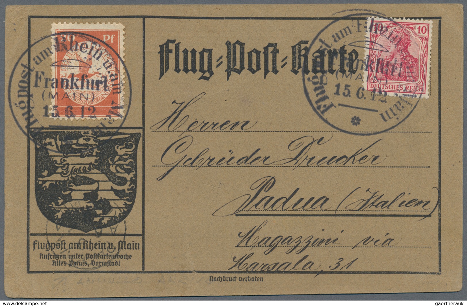 Flugpost Deutschland: 1912, "FLUGPOST RHEIN MAIN/FRANKFURT 15.6." (SST.), Beeindruckende Flug-Postka - Luchtpost & Zeppelin