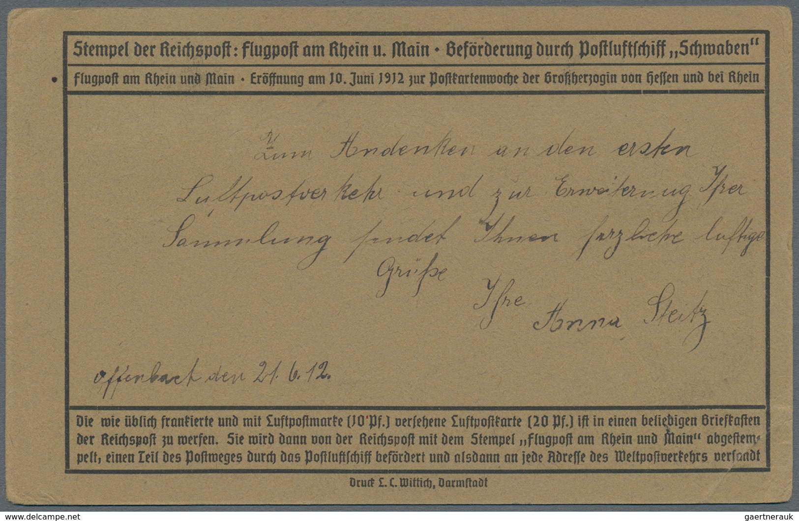 Flugpost Deutschland: 1912. Germany Official Card From The Grand Duchess Of Hesse's 1912 Flight Week - Luchtpost & Zeppelin