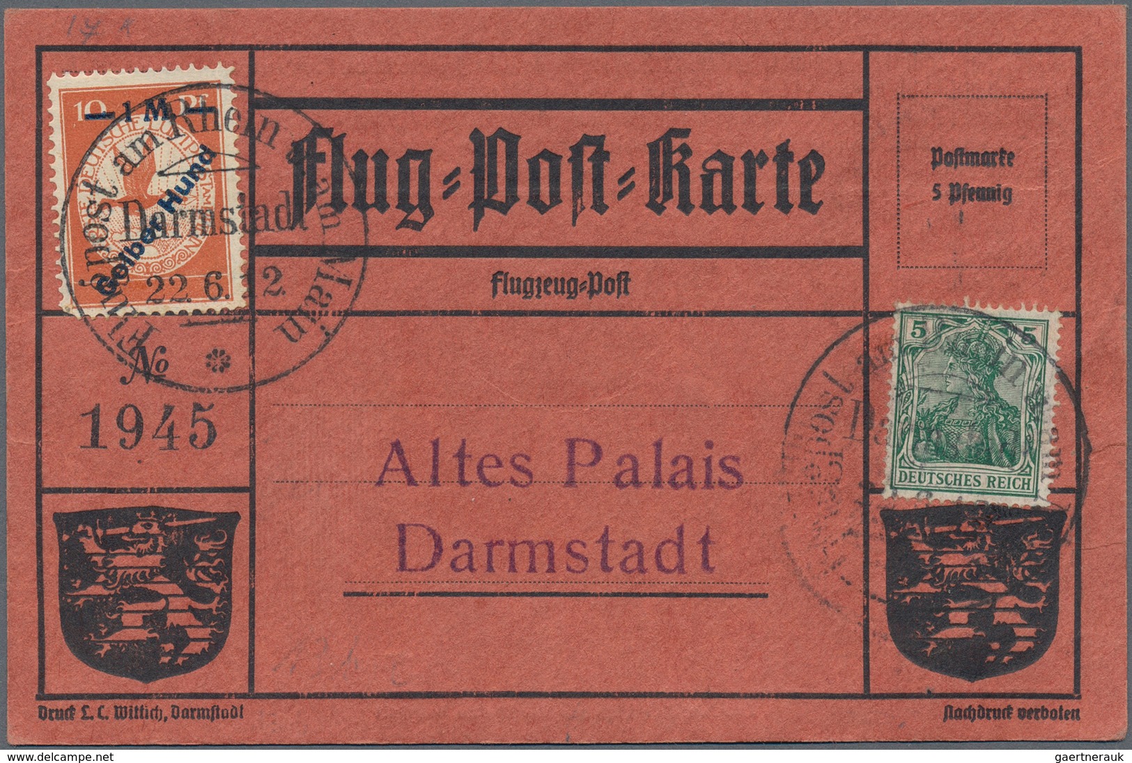 Flugpost Deutschland: 1912, FLUGPOST RHEIN-MAIN: Nummerierte Karte "Roter Hund", SSt. DARMSTADT 22.6 - Luft- Und Zeppelinpost