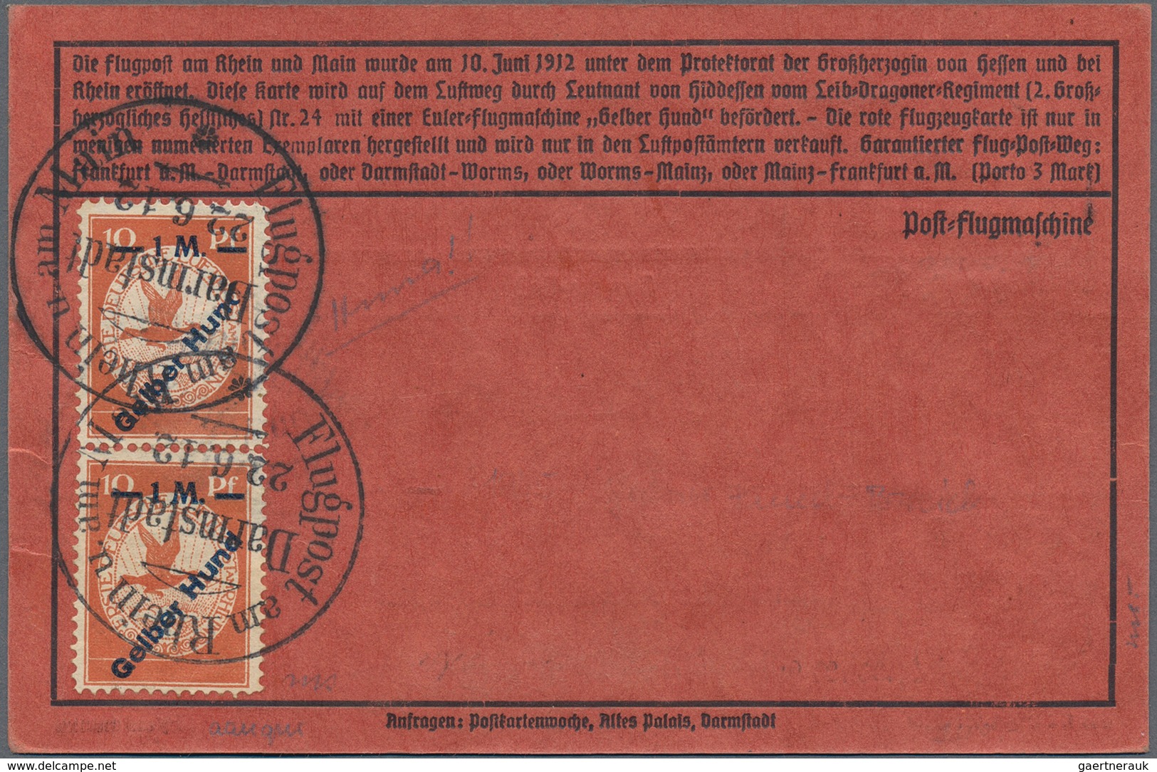 Flugpost Deutschland: 1912, FLUGPOST RHEIN-MAIN: Nummerierte Karte "Roter Hund", SSt. DARMSTADT 22.6 - Luft- Und Zeppelinpost