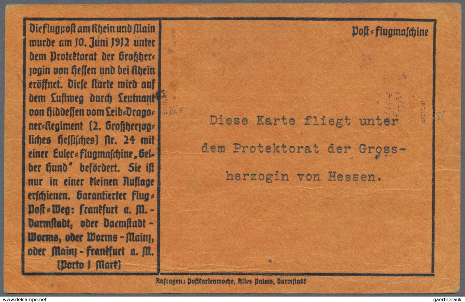 Flugpost Deutschland: 1912. Scarce Pioneer Gelber Hund - Yellow Dog Airplane Post From Darmstadt, Wi - Luft- Und Zeppelinpost