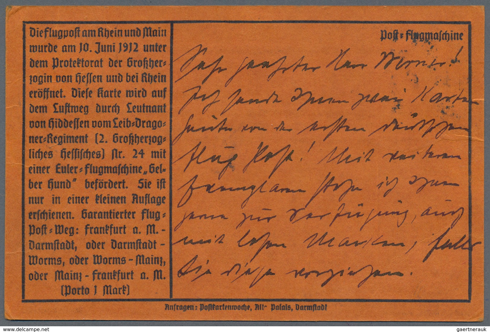 Flugpost Deutschland: 1912. Scarce Pioneer Gelber Hund Flugpost / Yellow Dog Airmail From Frankfurt, - Luchtpost & Zeppelin