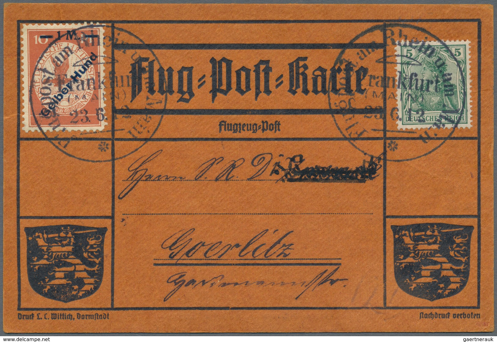 Flugpost Deutschland: 1912. Scarce Pioneer Gelber Hund Flugpost / Yellow Dog Airmail From Frankfurt, - Luft- Und Zeppelinpost