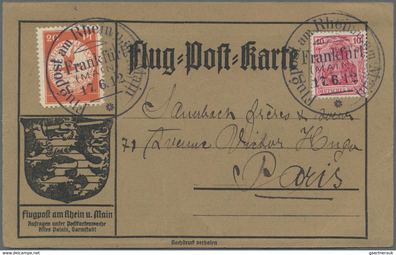 Flugpost Deutschland: 1912, 20 Pf Flugpost Rhein-Main (li. Unten Eckrund) Und 10 Pf Germania Auf Off - Luft- Und Zeppelinpost