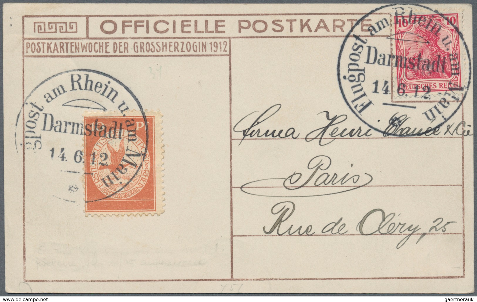 Flugpost Deutschland: 1912. Airmail Rhein Main Darmstadt 14.6.12, Each Destination Paris. Lot Of 3 C - Airmail & Zeppelin
