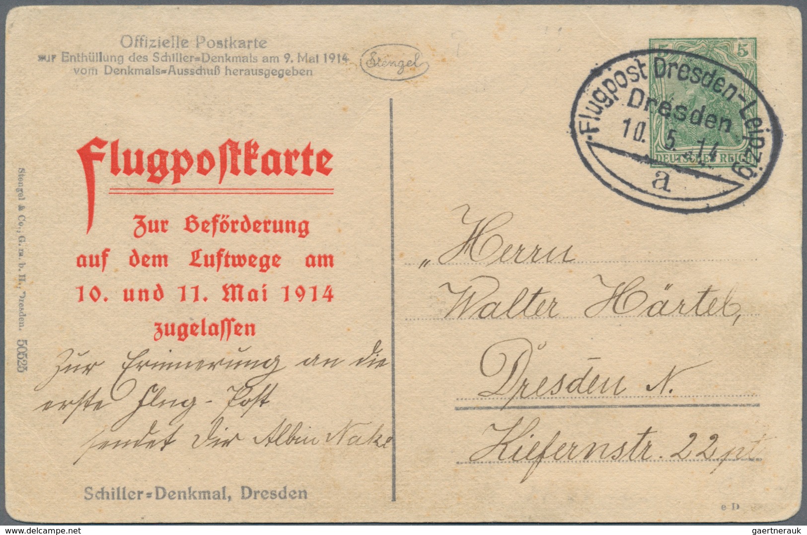 Flugpost Deutschland: 1914, DRESDEN/Flugpost Dresden-Leipzig 10.5. "a" (Ovalstempel), 5 Pf. Privat-G - Luft- Und Zeppelinpost