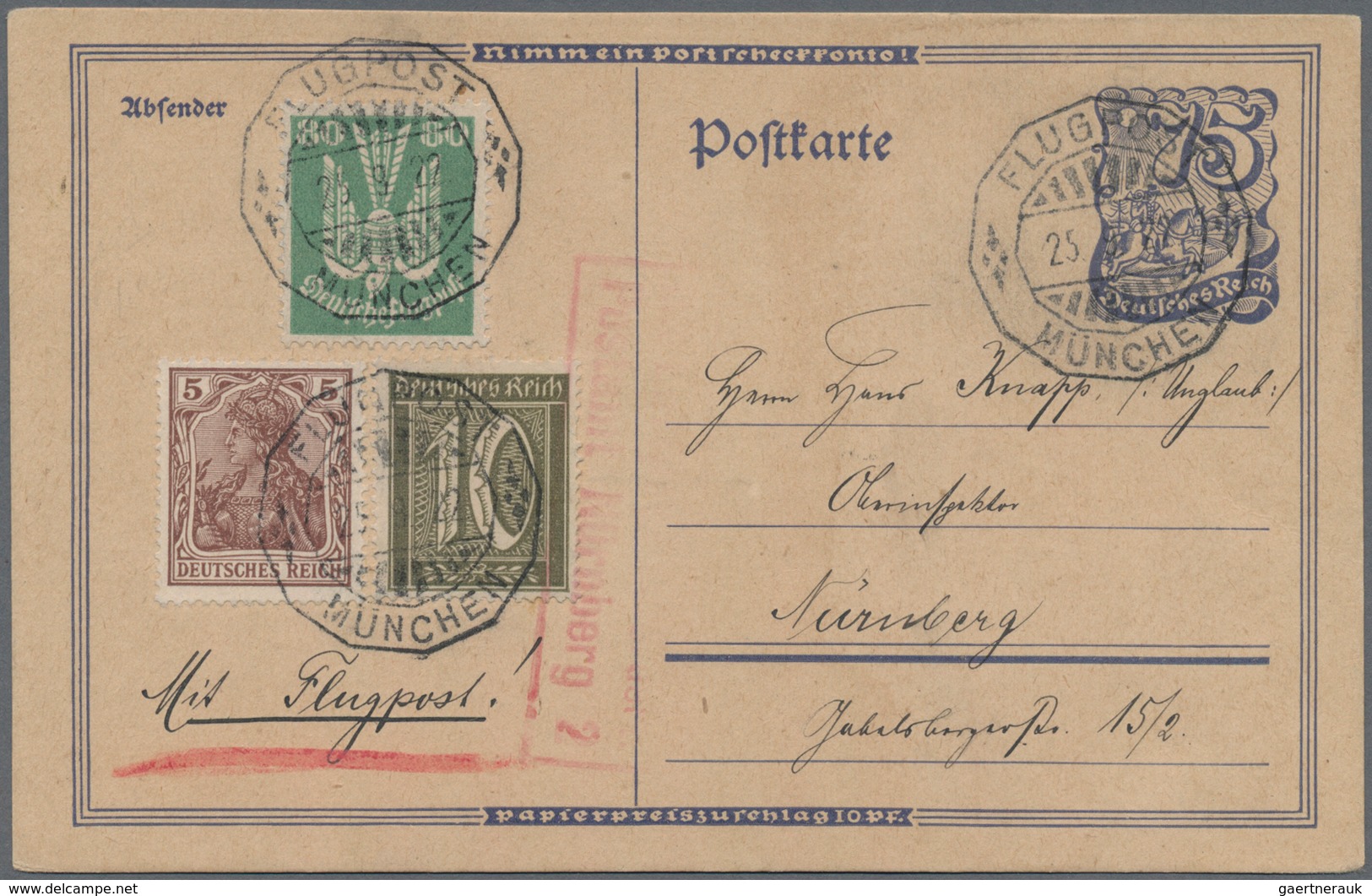 Flugpost Deutschland: 1922, Postreiter 75 Pfg. Ganzsache Mit 95 Pfg. Zus.-Frankatur, Gestplt. Flugpo - Luft- Und Zeppelinpost