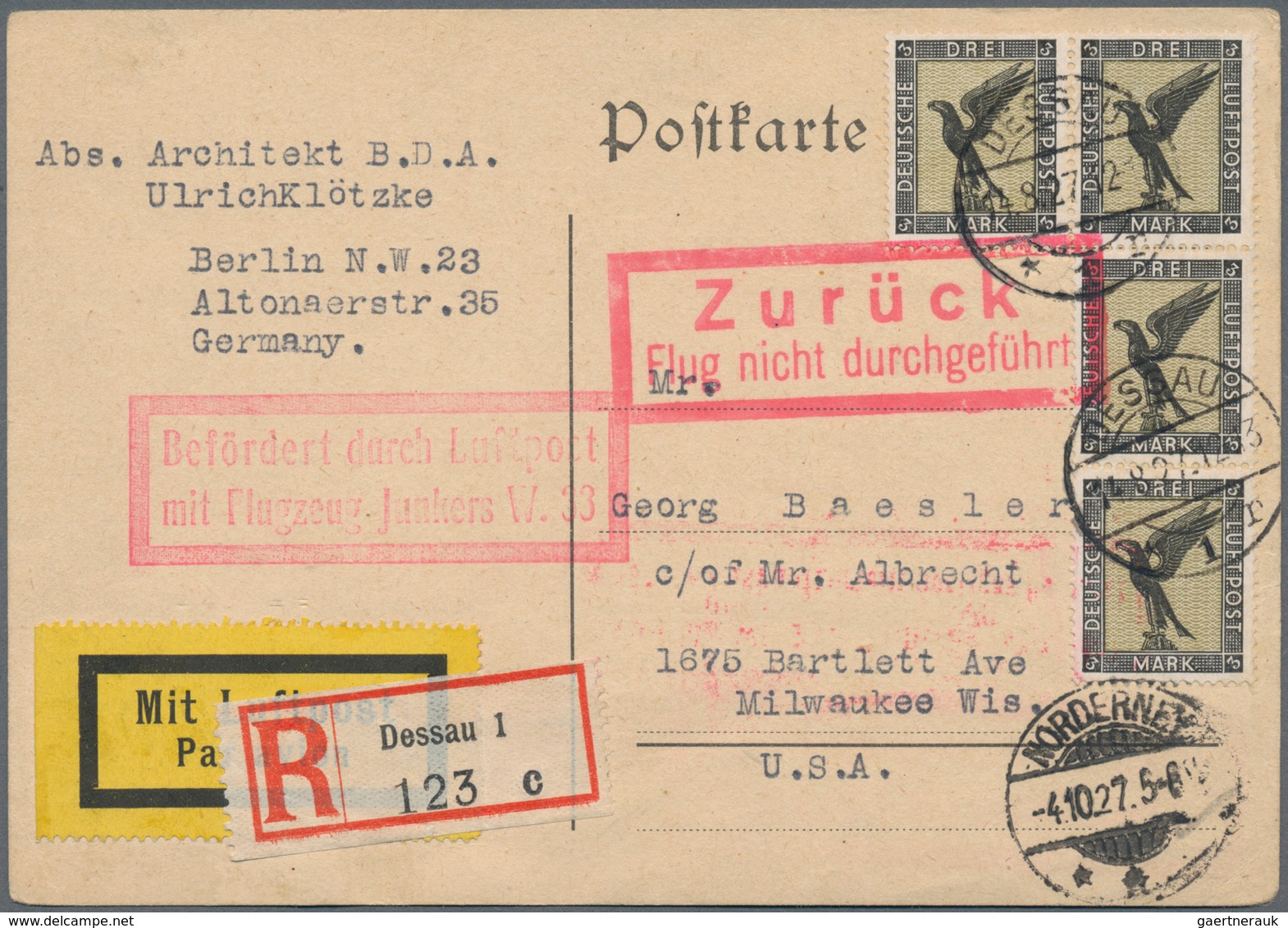 Flugpost Deutschland: 1927, ERSTE LUFTPOST DESSAU-NEW YORK, 4 X 3 M Flugpost 'Adler', Mehrfachfranka - Luft- Und Zeppelinpost