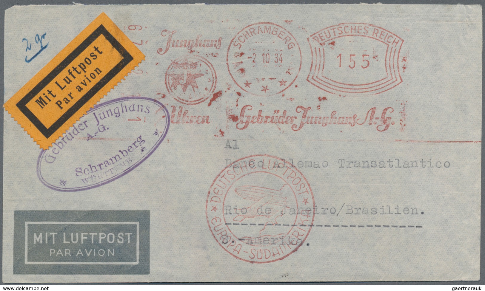 Flugpost Deutschland: 1934, 155 Pfg. Firmenfreistempel Junghans Uhren, Schramberg, 2.10.34 Auf Lp-Br - Luft- Und Zeppelinpost