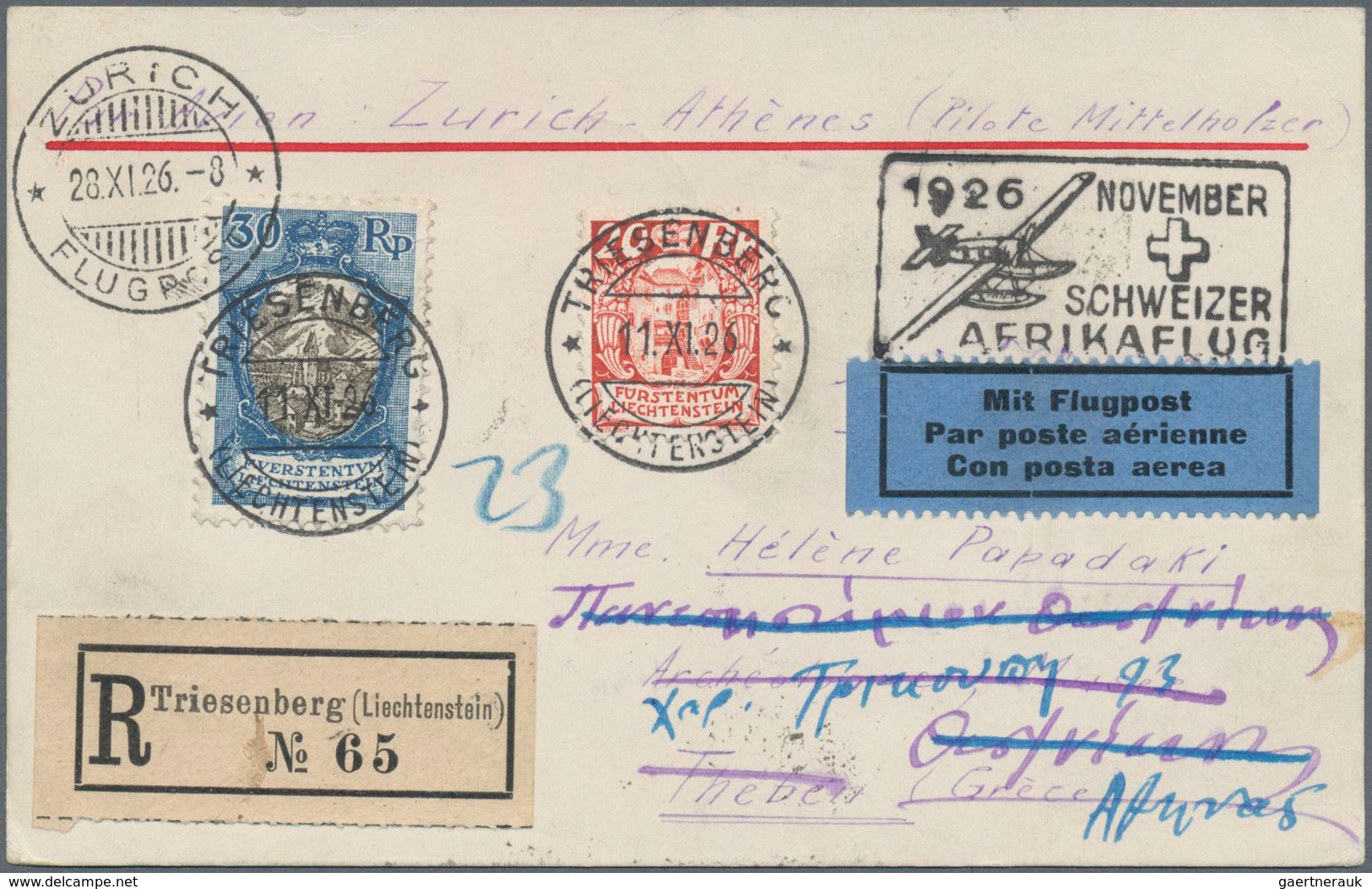 Flugpost Europa: 1926 Liechtenstein, 1. Schweizer Afrikaflug (SST.), R-Karte Ab Triesenberg 11.11. B - Sonstige - Europa