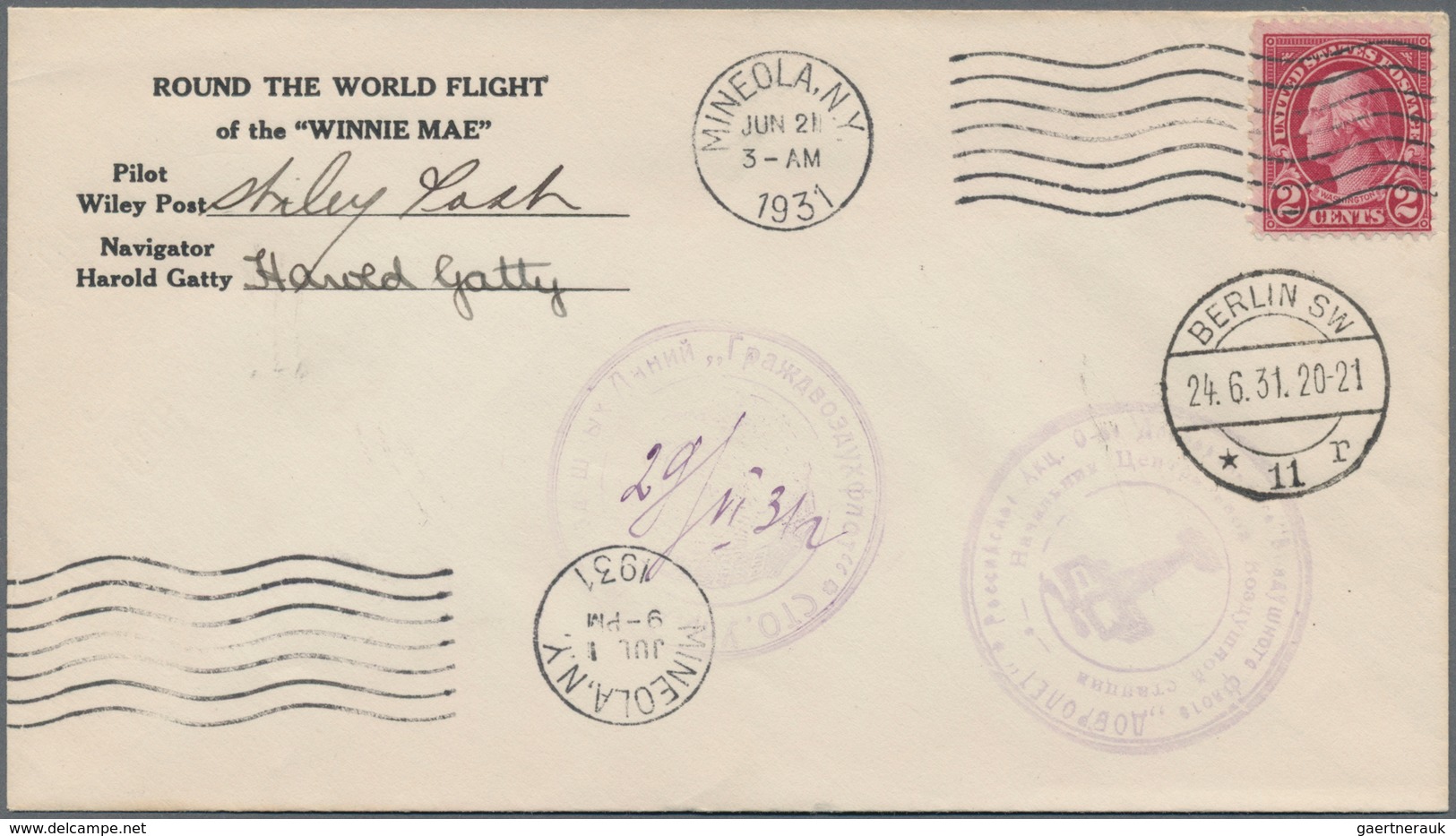 Flugpost Übersee: 1931, Mineola. N.Y. Nach Mineola. N.Y., "ROUND THE WORLD FLIGHT Of The Winnie Mae" - Sonstige & Ohne Zuordnung