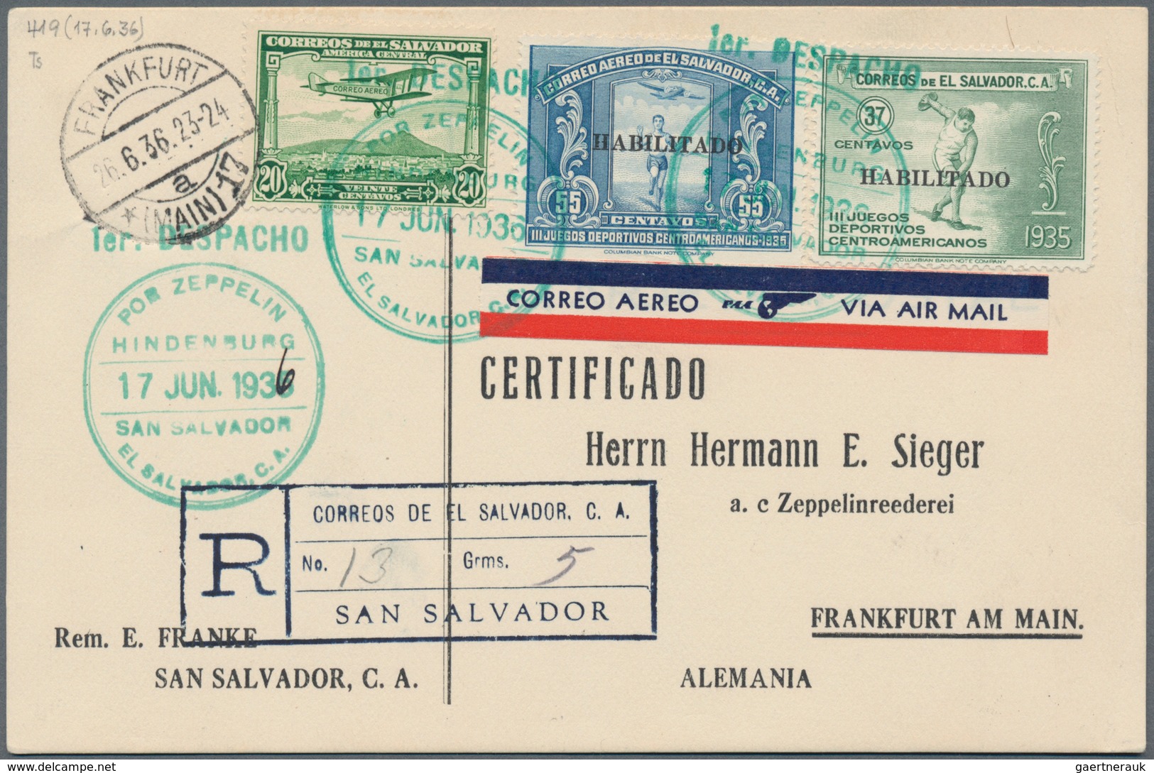 Flugpost Übersee: 1936, 17.06. (1x Korrigierte Jahreszahl), El Salvador/3.NAF 1936: Tadellose R-Kart - Sonstige & Ohne Zuordnung