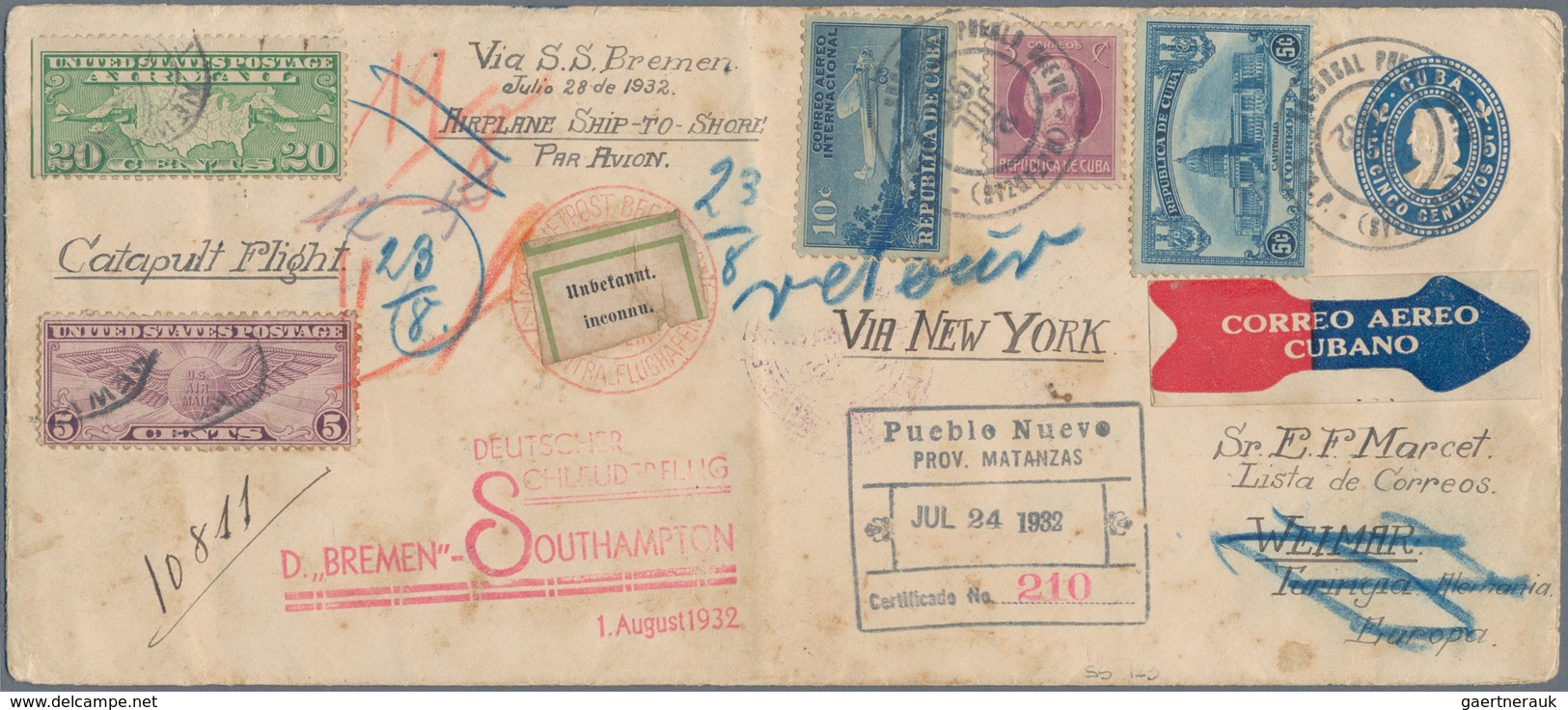 Katapult- / Schleuderflugpost: 1932, Cuba, 5 C Blue Postal Stationery Envelope, Uprated With 3 C Vio - Luft- Und Zeppelinpost
