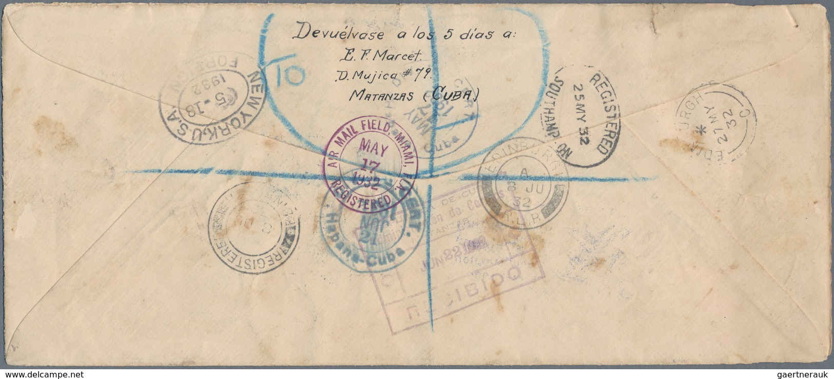 Katapult- / Schleuderflugpost: 1932, Cuba, 5 C Blue Postal Stationery Envelope, Uprated With 10 C Ye - Luft- Und Zeppelinpost