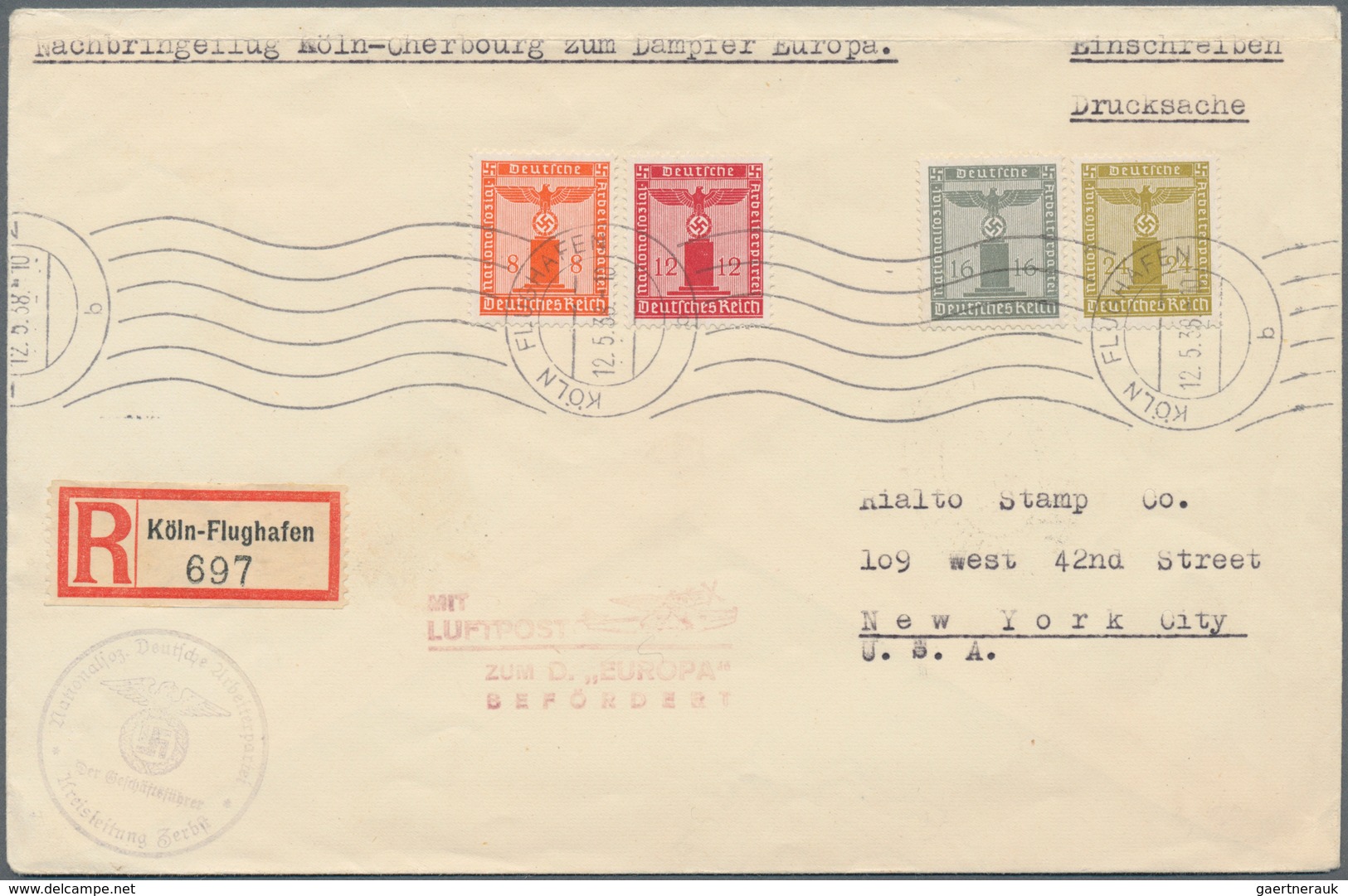 Katapult- / Schleuderflugpost: 1938, NSDAP-KATAPULT DIENSTBRIEF Als Nachbringe-Reco-Flugbrief Ab Köl - Airmail & Zeppelin