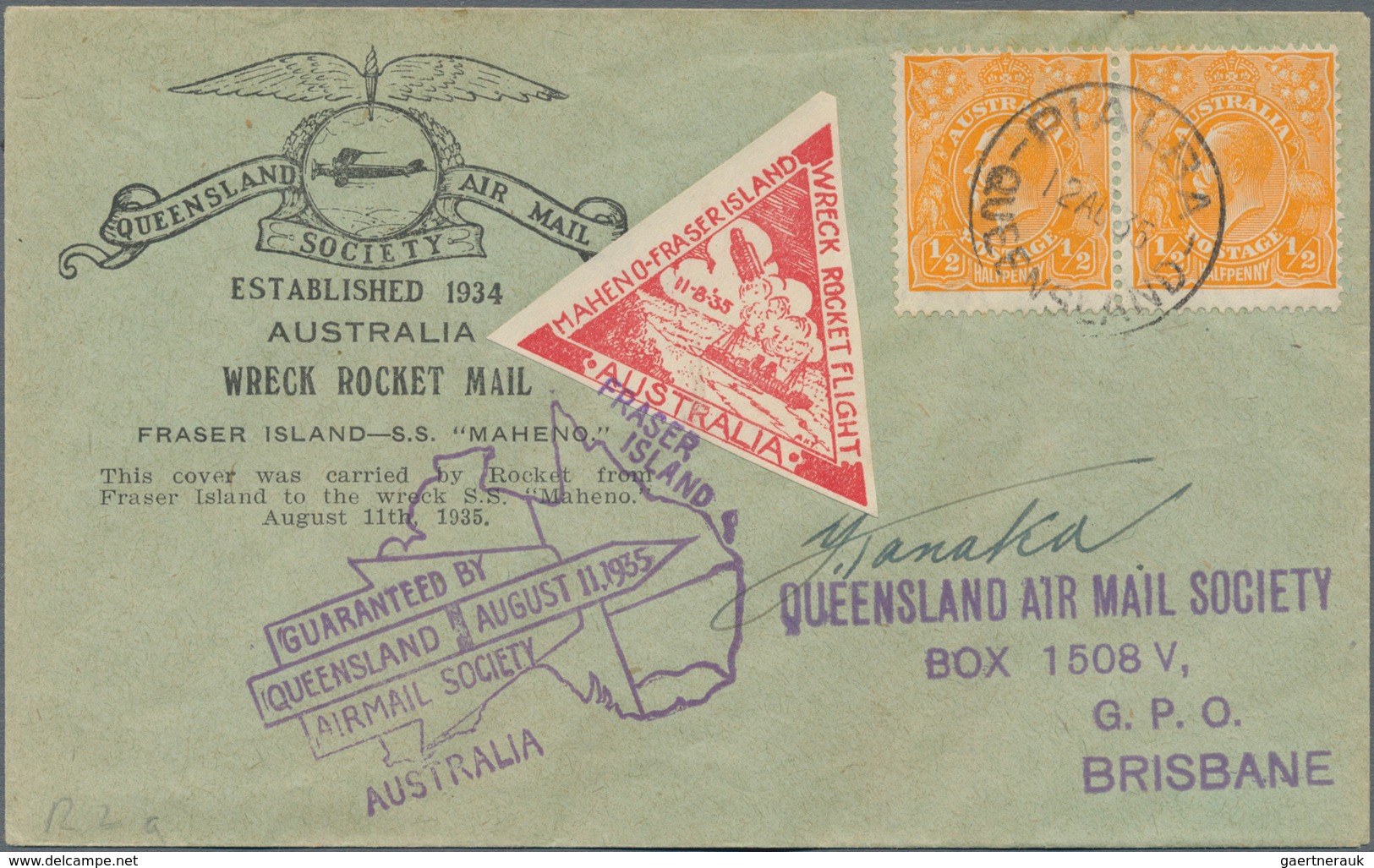 Raketenpost: ROCKET MAIL: 1835, Cover Fraser Island - "SS Maheno" Used With 1/2d KGV Pair With Viole - Andere & Zonder Classificatie