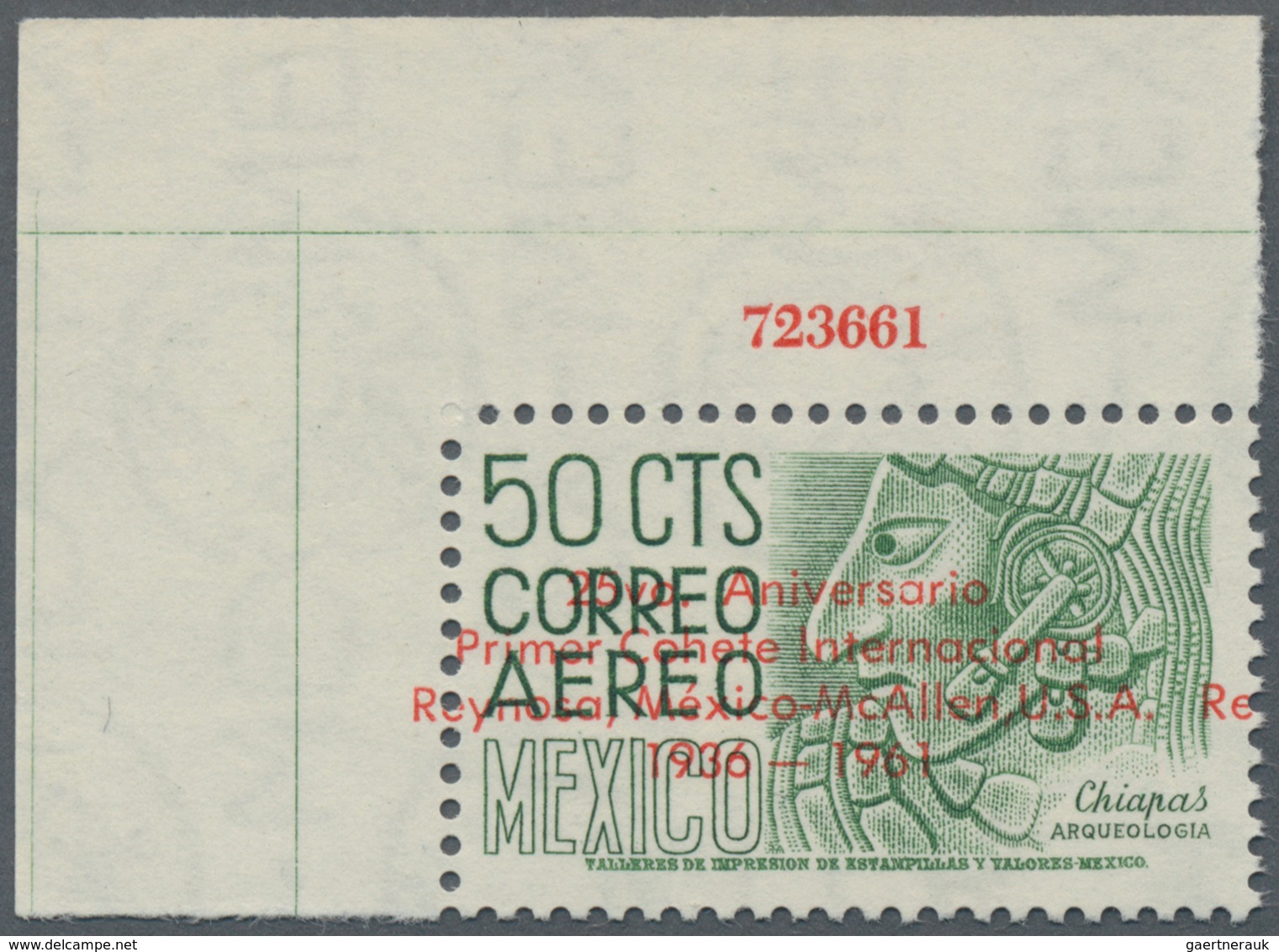 Raketenpost: 1961, Mexico, Not Issued 50c. Green With Red Overprint "25vo Aniversario / Primer Cohet - Andere & Zonder Classificatie