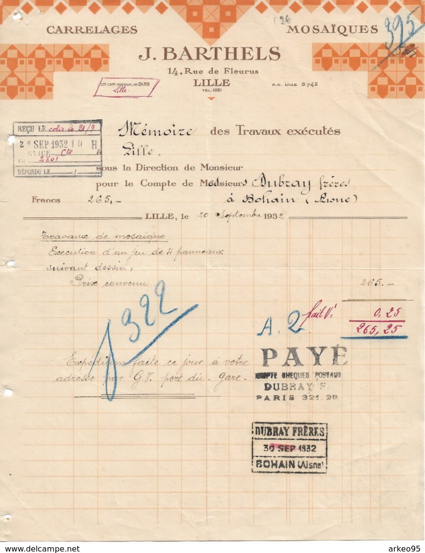 2 Factures Des Carrelages Barthels, Lille, 27/6 Et 20/9/1932 - 1900 – 1949