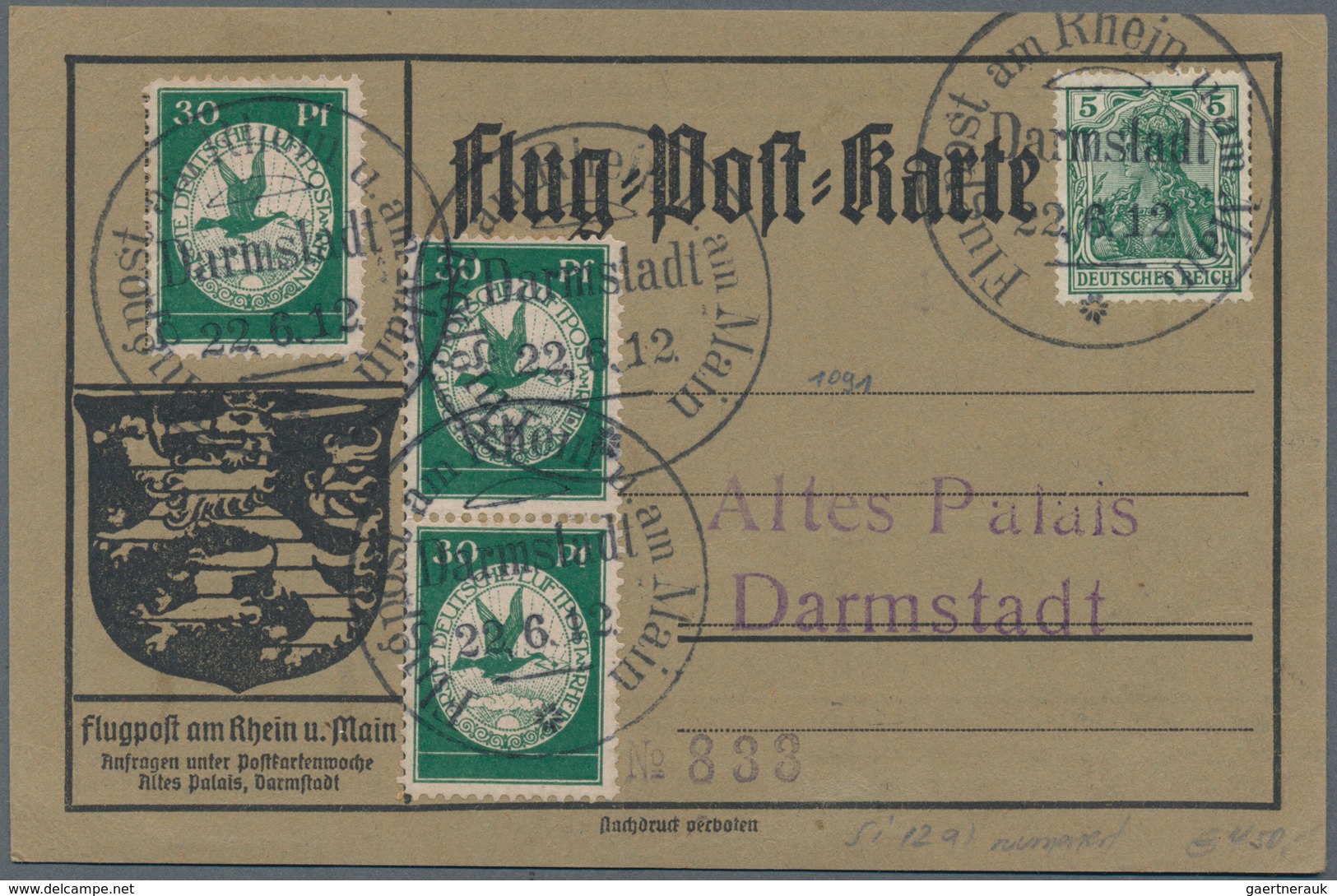 Zeppelinpost Deutschland: 1912, FLUGPOST RHEIN-MAIN, 3-mal 30 Pfg. Flugpostmarke Mit 5 Pfg. Germania - Luft- Und Zeppelinpost