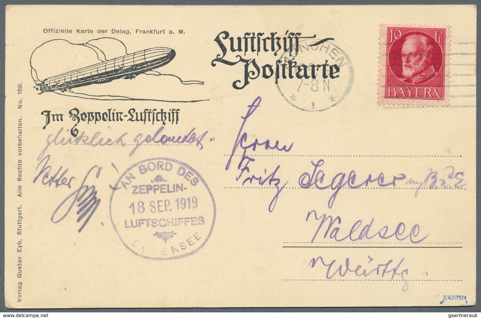 Zeppelinpost Deutschland: 1919, Luftschiff Bodensee Mit Bordpoststempel Vom 18.SEP., Fahrt Friedrich - Luchtpost & Zeppelin