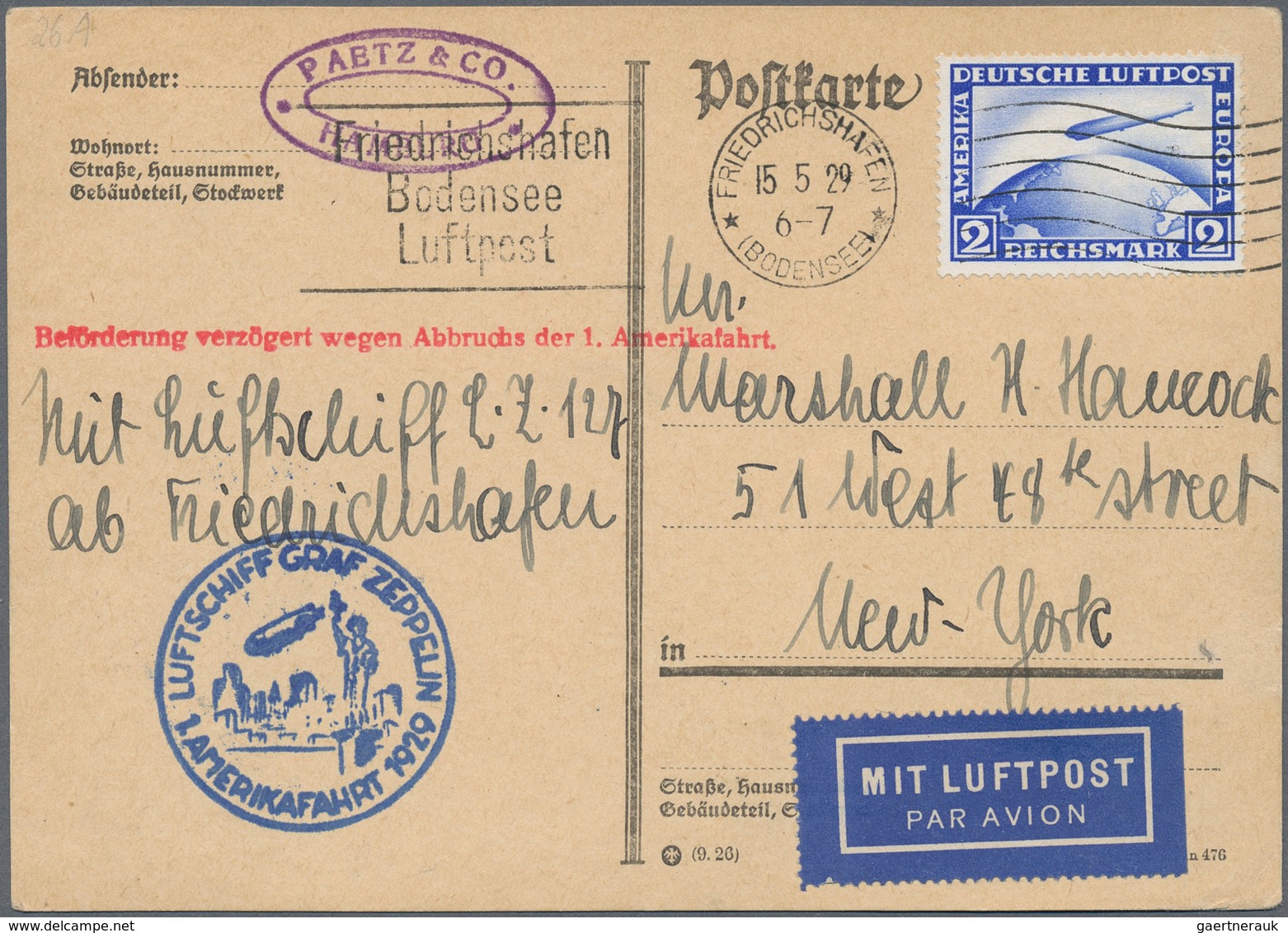 Zeppelinpost Deutschland: 1929, VERSUCHTE AMERIKAFAHRT, Karte Ab Friedrichshafen 15.5. Mit Dem Selte - Luchtpost & Zeppelin