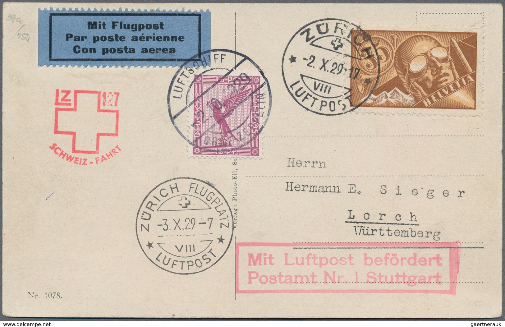 Zeppelinpost Deutschland: 1929, SCHWEIZ/4. SCHWEIZFAHRT: Abwurfkarte Mit "ZÜRICH VIII LUFTPOST 2.X.2 - Airmail & Zeppelin