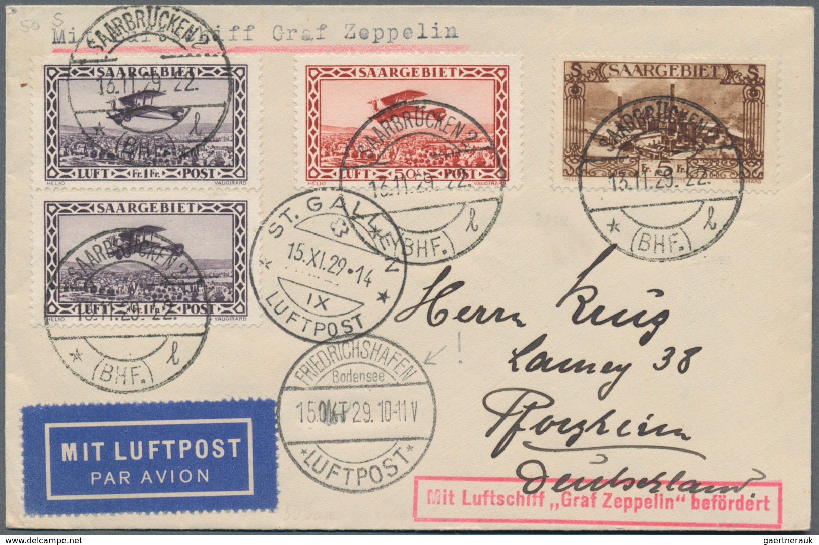 Zeppelinpost Deutschland: 1929, SAAR / 50.FAHRT / Abwurf ST.GALLEN: Brief Mit Stempelfehler FHFN Okt - Airmail & Zeppelin