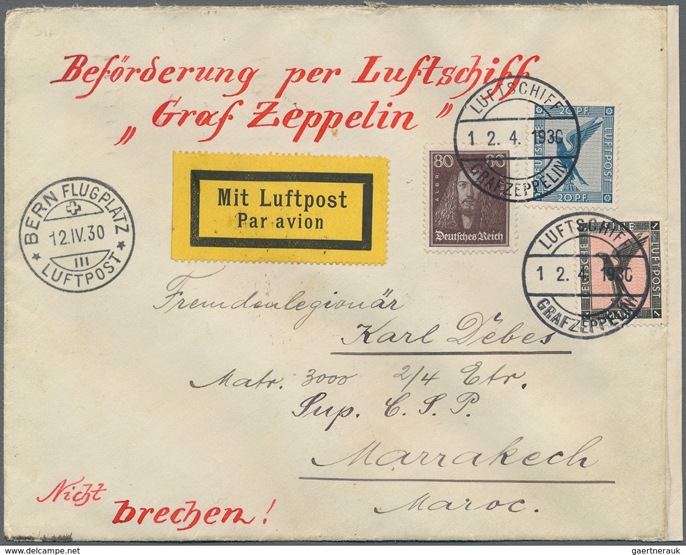 Zeppelinpost Deutschland: 1930, ZEPPELIN SCHWEIZFAHRT Vom 12.4. Mit Bordstempel Via Bern An Fremdenl - Luft- Und Zeppelinpost