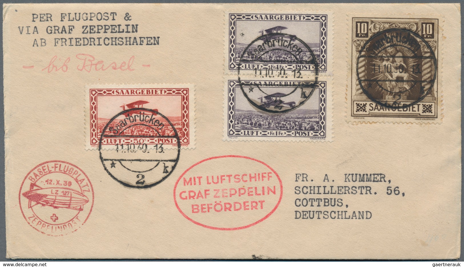 Zeppelinpost Deutschland: 1930, SAAR/LANDUNGSFAHRT NACH BERN U. BASEL: Vertragsstaatenbrief FHFN-BAS - Luft- Und Zeppelinpost