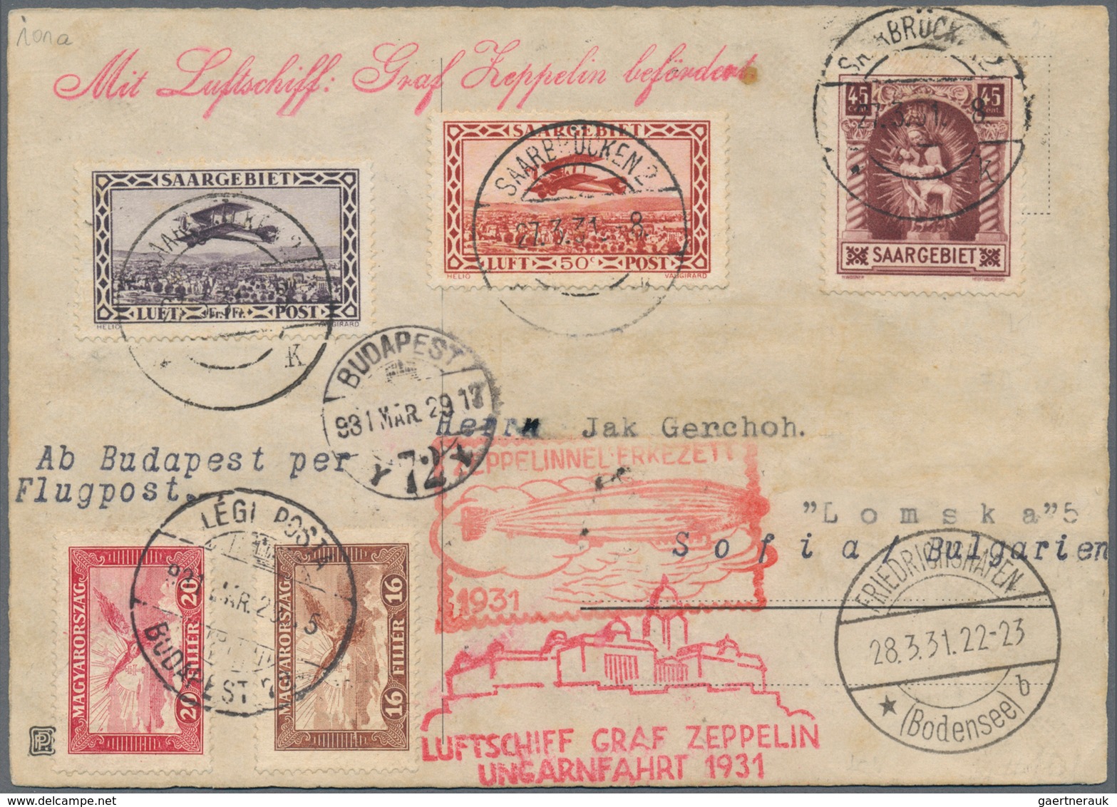 Zeppelinpost Deutschland: 1931, SAAR / UNGARNFAHRT: 11 Marken Vertragsstaatenkarte Via FHFN-Budapest - Poste Aérienne & Zeppelin