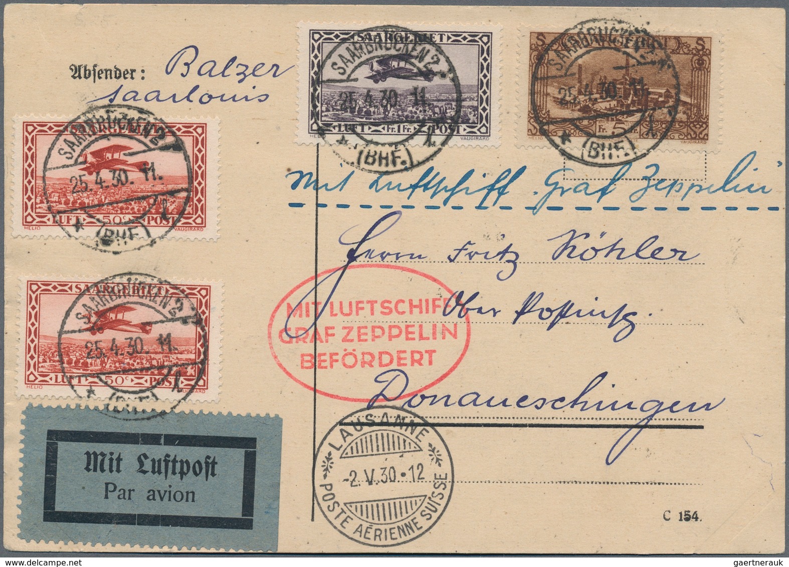 Zeppelinpost Deutschland: 1930, SAAR/SCHWEIZFAHRT/Abwurf LAUSANNE: Attraktive Vertragsstaatenkarte M - Luft- Und Zeppelinpost