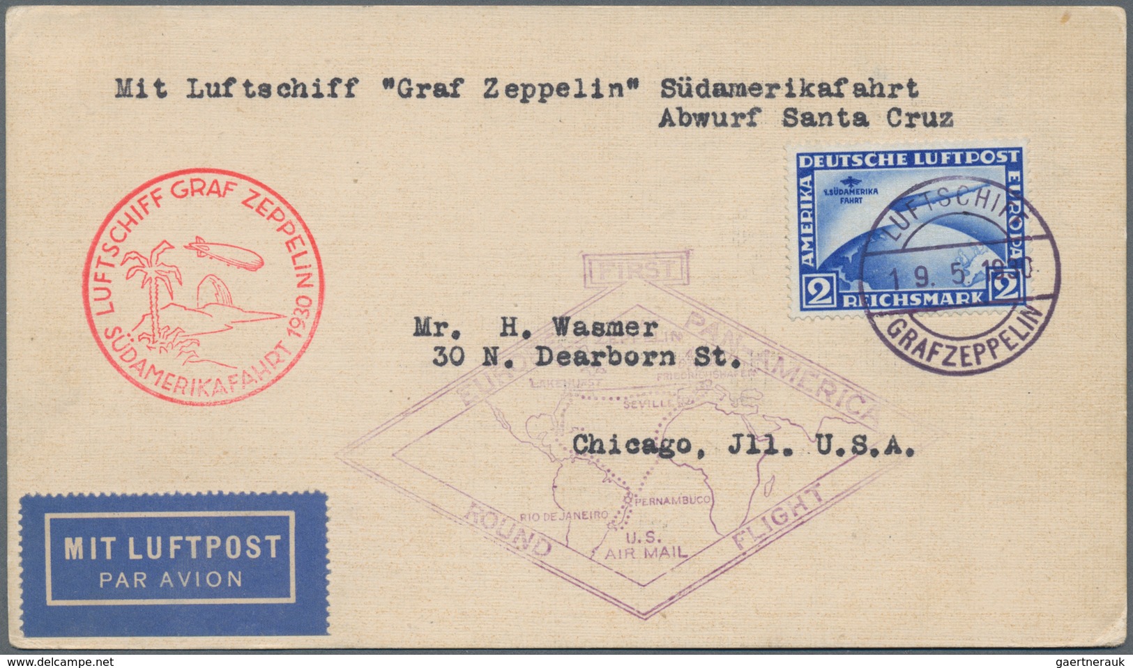 Zeppelinpost Deutschland: 1930 SÜDAMERIKAFAHRT:Bordpostkarte 19.5., Abwurf PRAIA (ASt.), Mi. 438, We - Luchtpost & Zeppelin