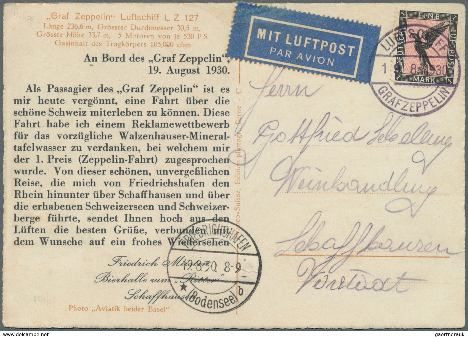 Zeppelinpost Deutschland: 1930: SCHWEIZFAHRT: Bordpost-Passagier-Reklamekarte Vom Besitzer Der Bierh - Luft- Und Zeppelinpost