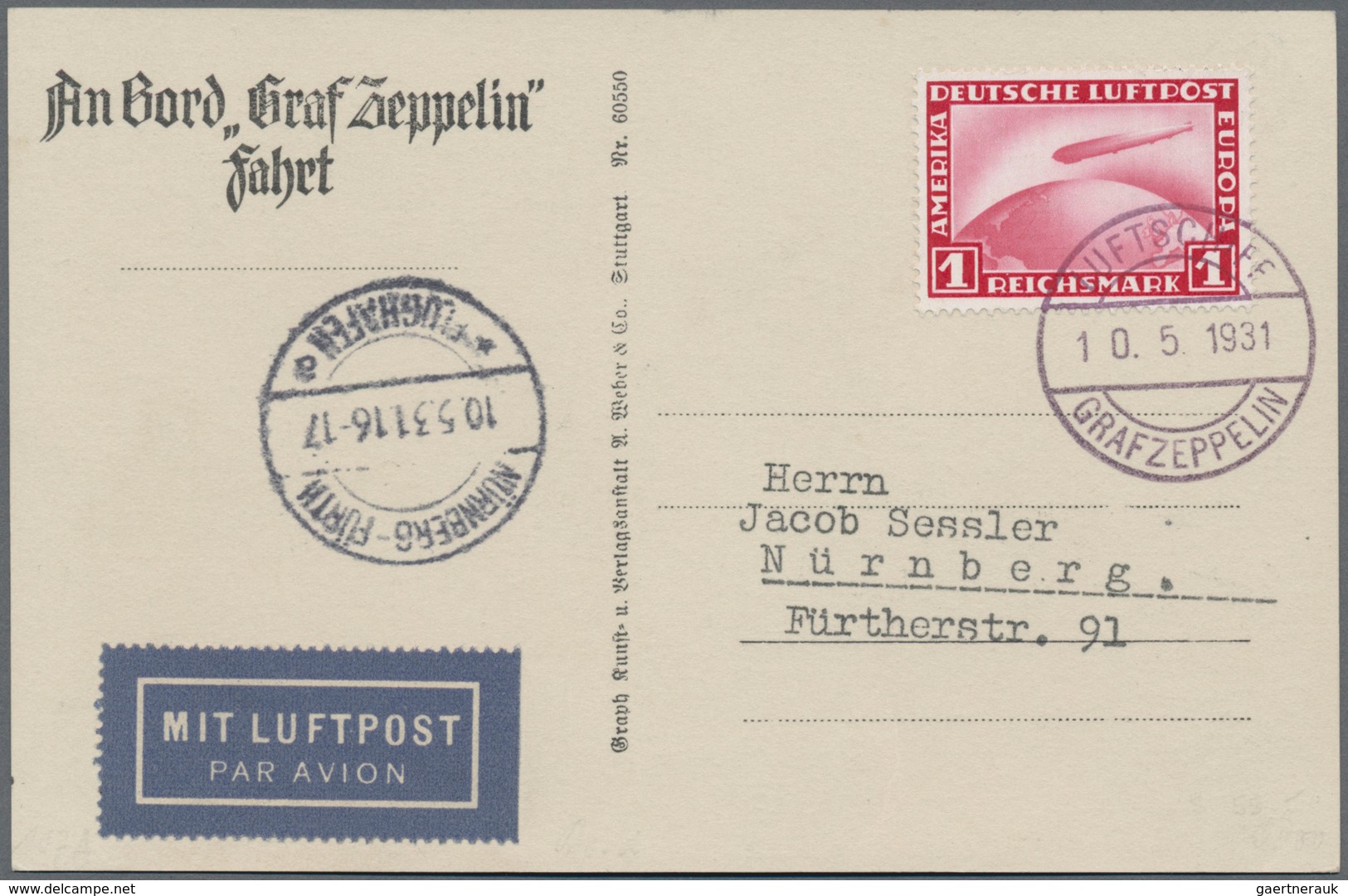 Zeppelinpost Deutschland: 1931, Bordpost 10.5. Nach Nürnberg Mit 1 RM Zeppelin - Luft- Und Zeppelinpost