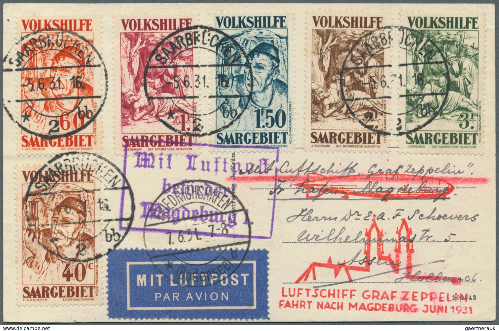 Zeppelinpost Deutschland: 1931, SAAR/MAGDEBURG-FAHRT: Volkshilfe (Mi. 144/49, Stockflecken) Auf Vert - Luft- Und Zeppelinpost