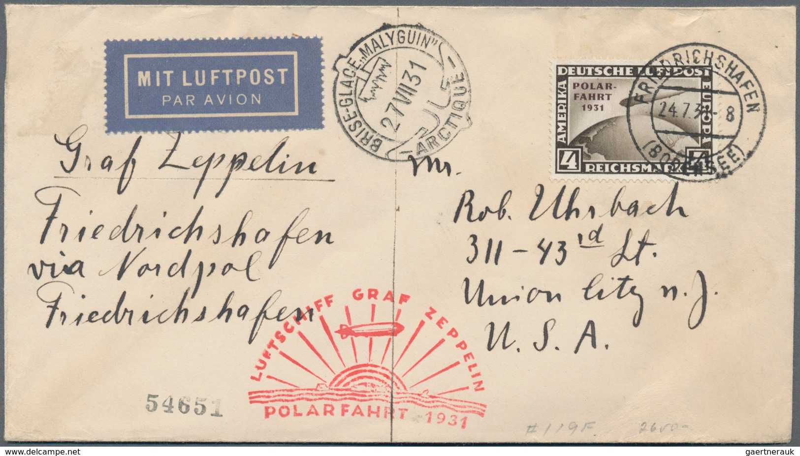 Zeppelinpost Deutschland: 1931 German Cover Franked With The 4RM Zeppelin Polarfahrt Sent On The Gra - Luft- Und Zeppelinpost