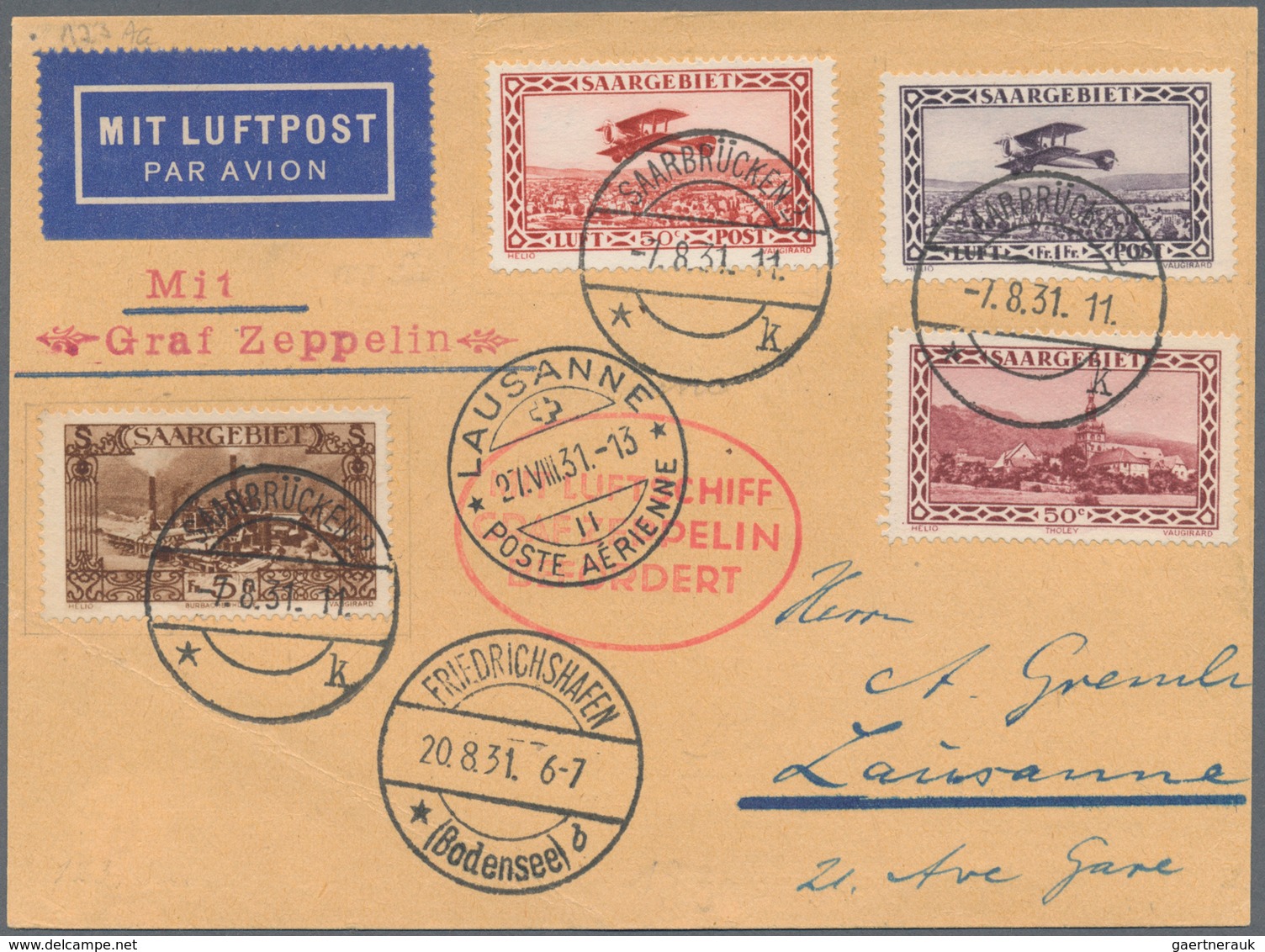 Zeppelinpost Deutschland: 1931, Saar/Lausanne-Fahrt: Luxus-Abwurfkarte, Portorichtig Mit 4 Marken (S - Airmail & Zeppelin