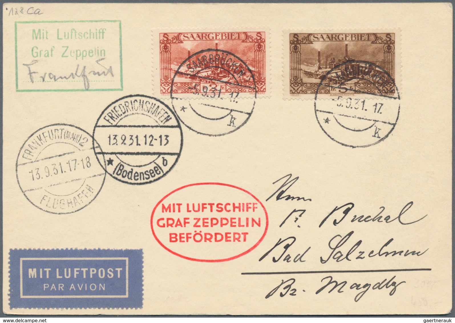 Zeppelinpost Deutschland: 1931, SAAR/FRANKFURT-FAHRT: Luxus-Vertragsstaatenkarte, Mi. 119+121 Friedr - Luft- Und Zeppelinpost