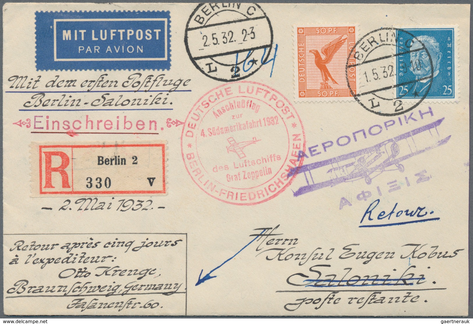 Zeppelinpost Deutschland: 1932, Erster Postflug Berlin - Saloniki - Athen, Brief Ab Berlin 1.5.32 Na - Luft- Und Zeppelinpost