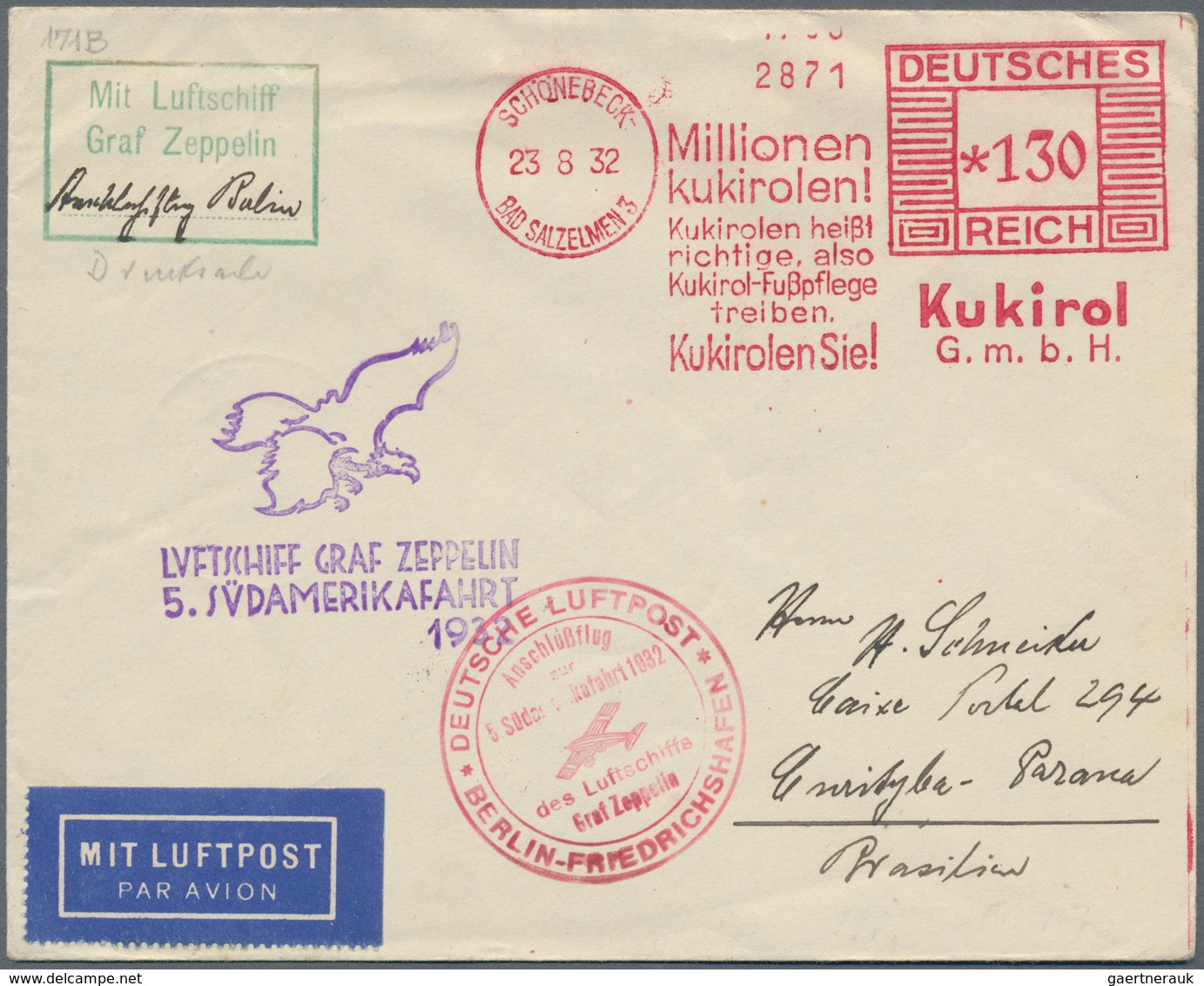Zeppelinpost Deutschland: 1932, LZ 127 / 5. SAF 1932 / Anschlußflug BERLIN: Wunderbarer Freistempler - Luft- Und Zeppelinpost
